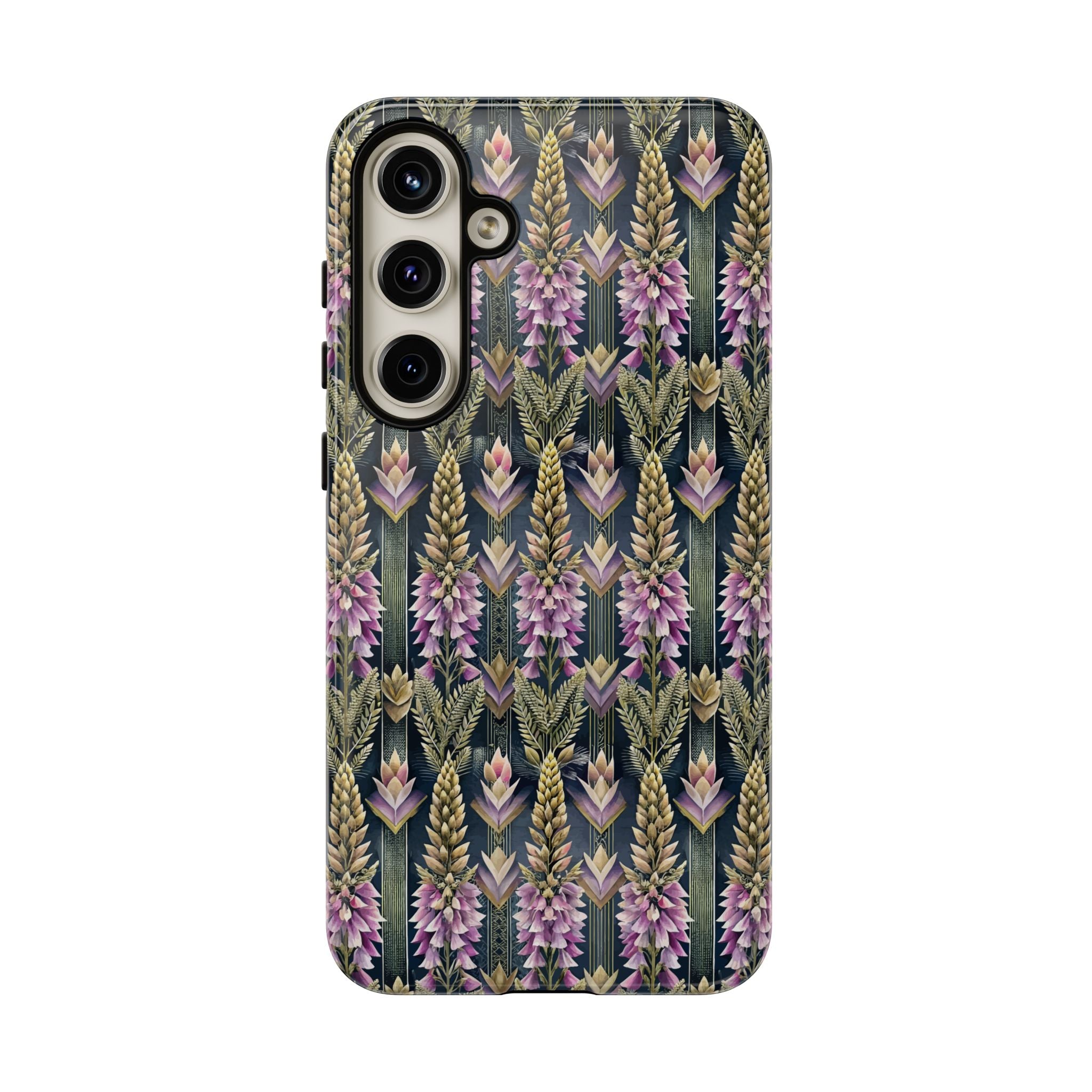 Art Deco Floral Chevron Tough Phone Case — Purple Lupine Pattern Mobile Protective Cover - iPhone, Google Pixel, Galaxy Models