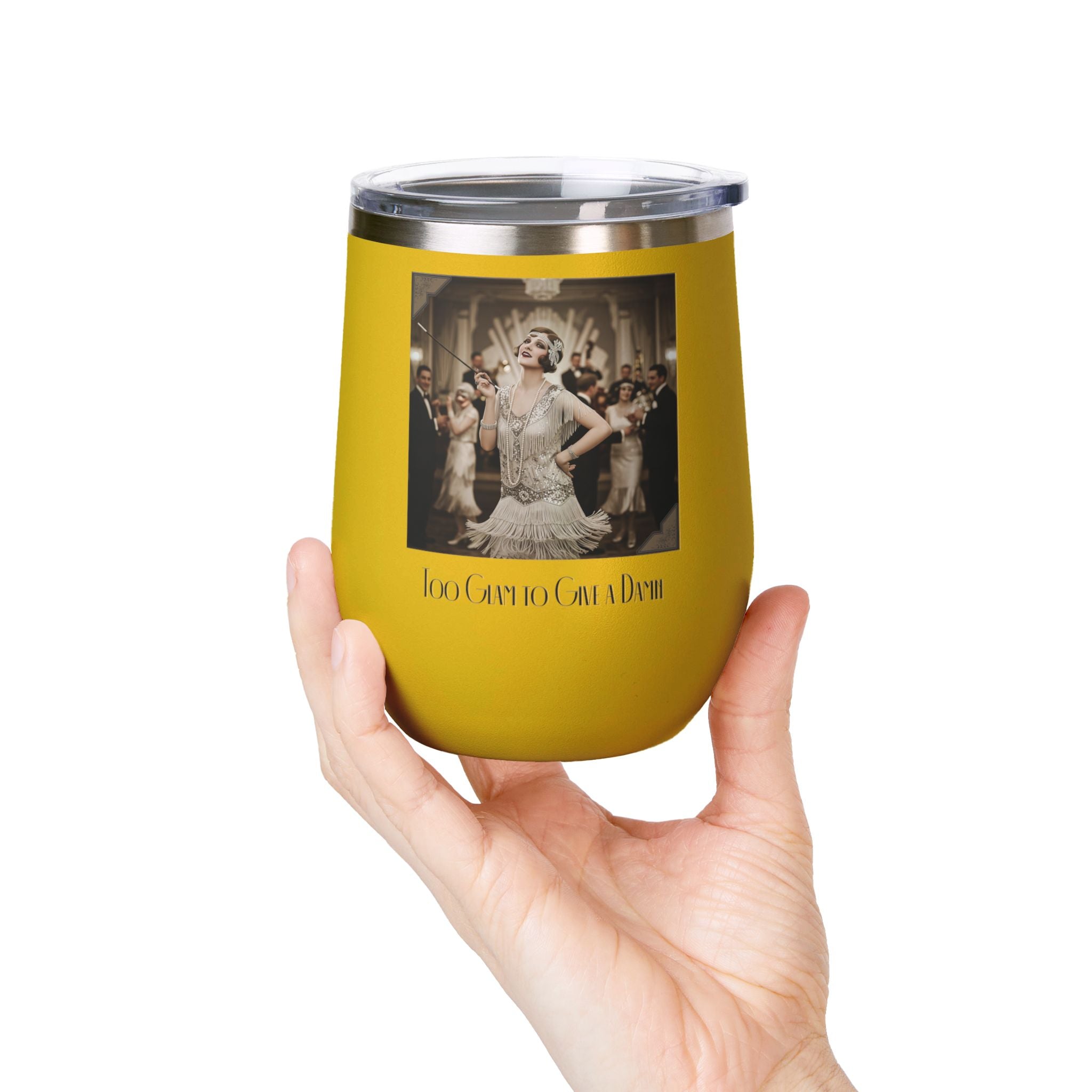 12oz Stainless Steel Wine Tumbler — Vintage Gatsby Party Design "Too Glam to Give a Damn"