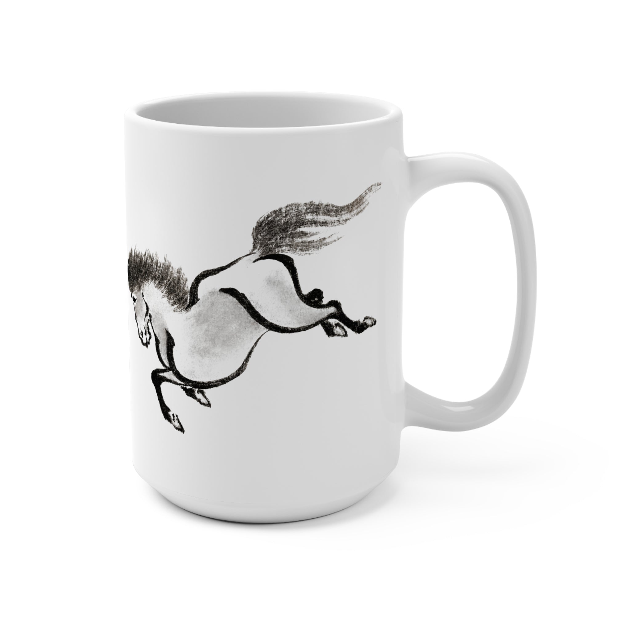 15oz Horse Mug — Vintage Japanese Art - Black Ink Galloping Horse Ceramic Coffee Cup