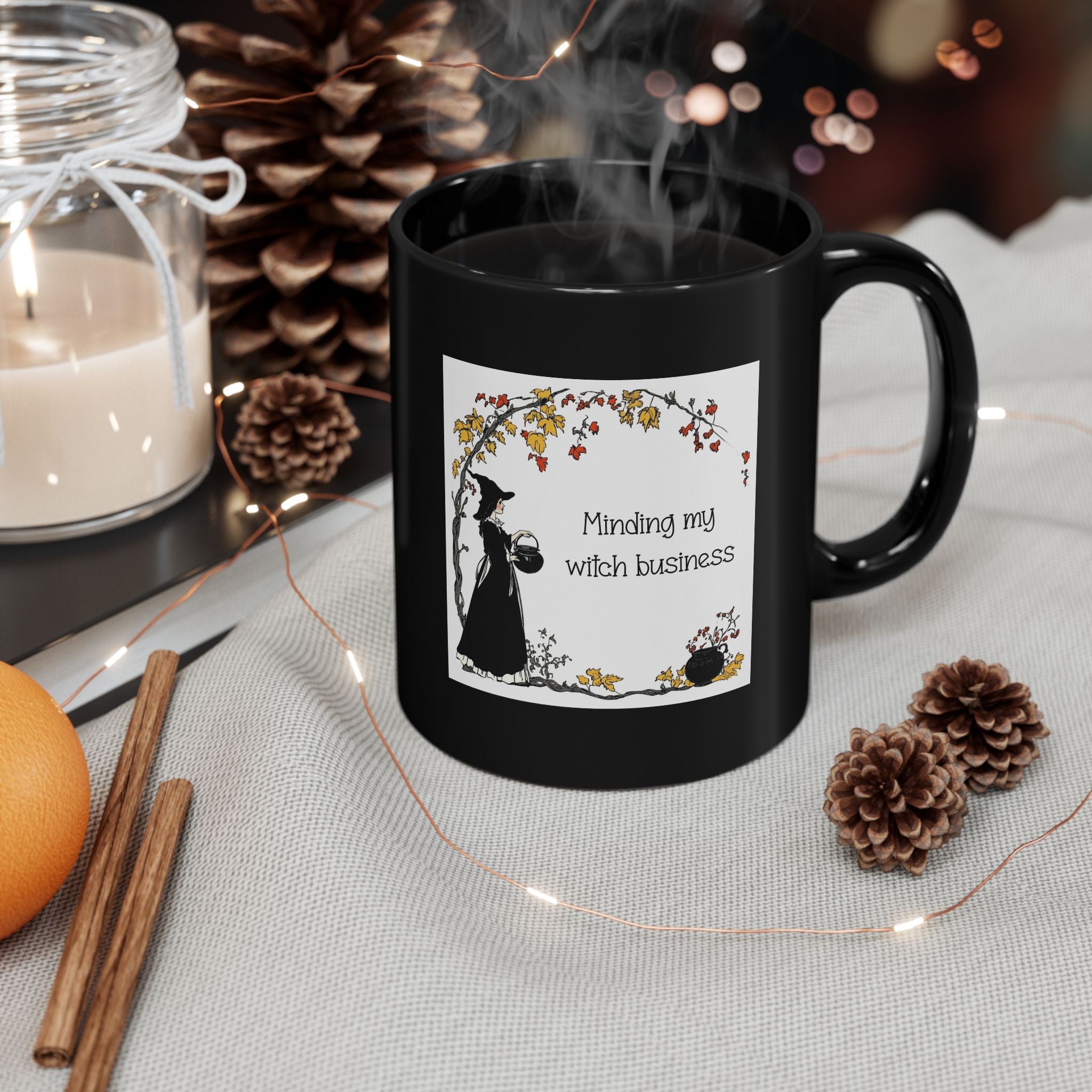 Witch Mug — "Minding My Witch Business" Black Coffee Cup - Halloween Vintage Vibes Drinkware