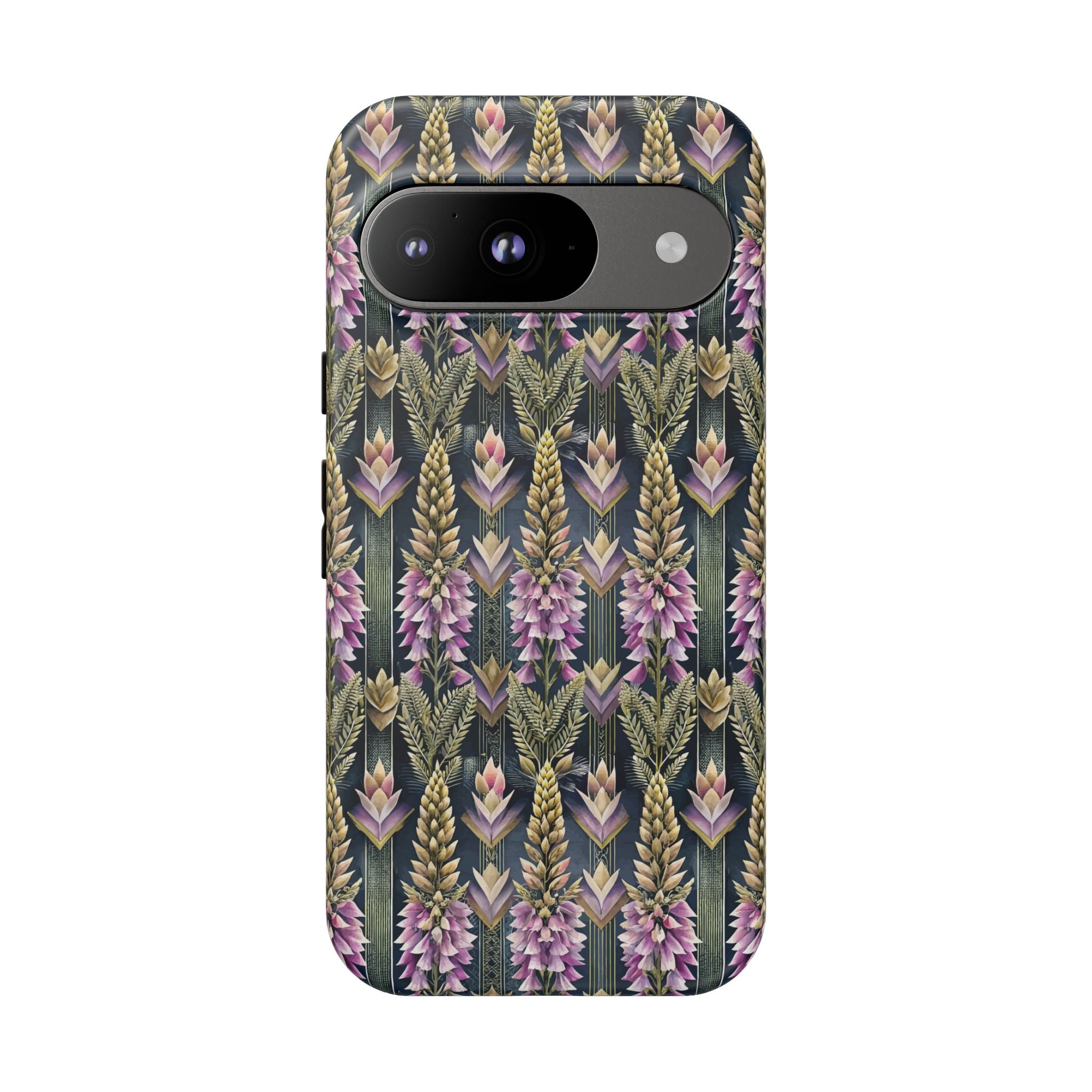 Art Deco Floral Chevron Tough Phone Case — Purple Lupine Pattern Mobile Protective Cover - iPhone, Google Pixel, Galaxy Models