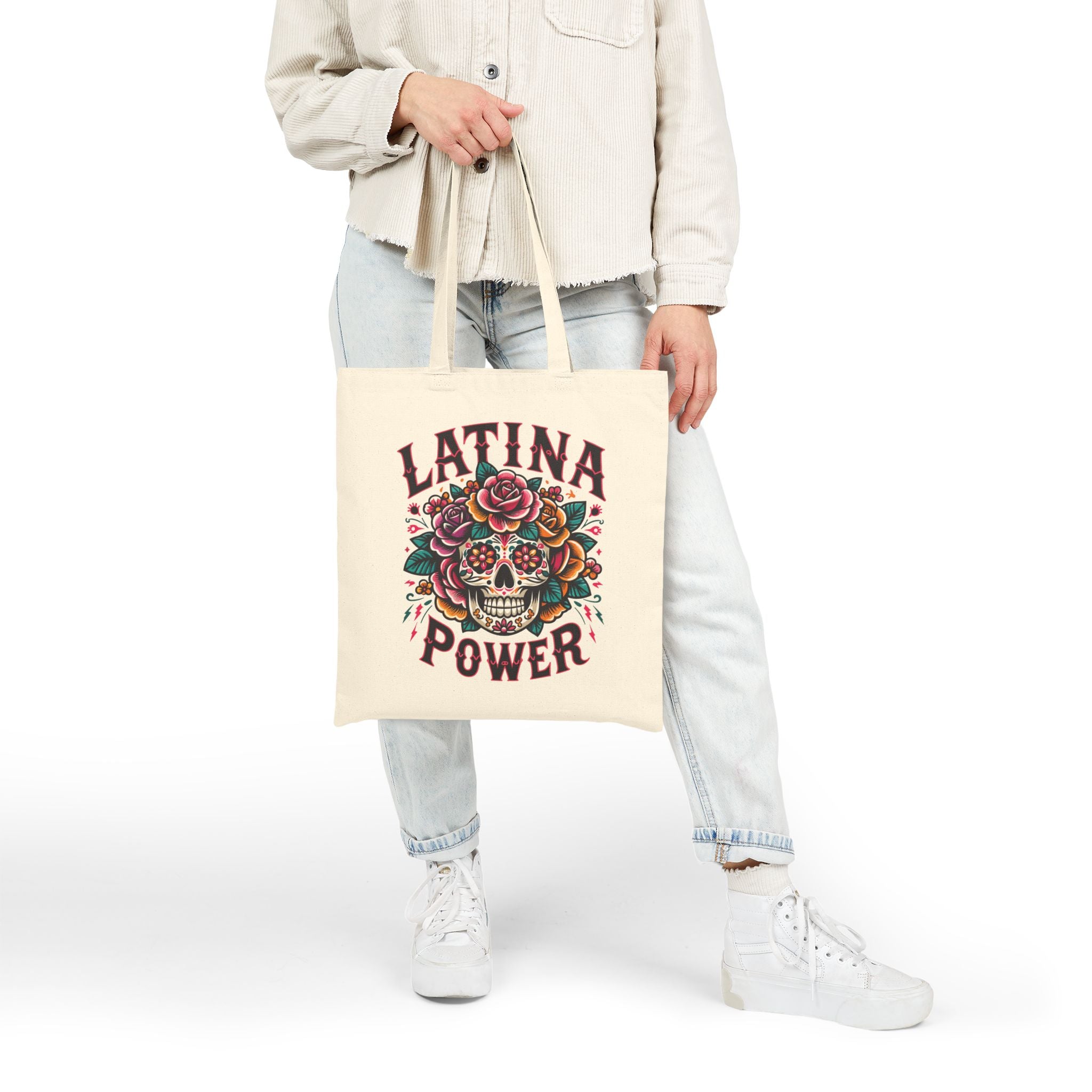 "Latina Power" Floral Sugar Skull Cotton Canvas Tote Bag