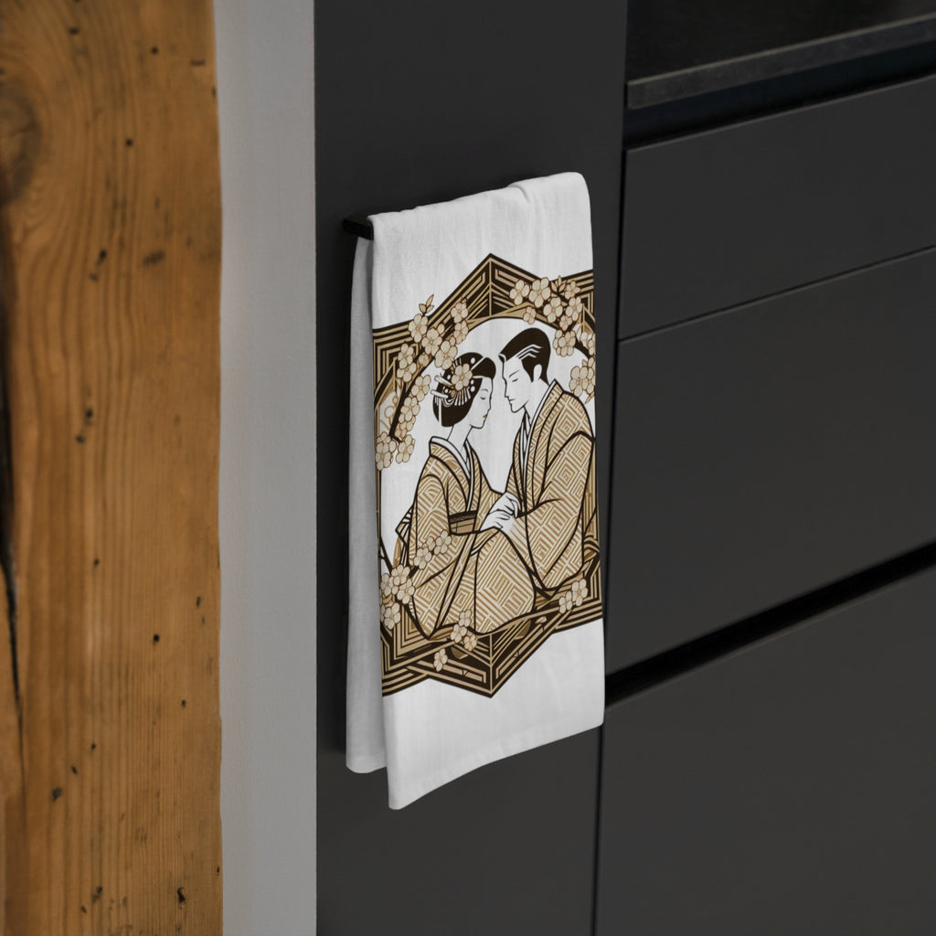 28 Inch Square Cotton Tea Towel — Vintage Japanese Couple Illustration Kitchen Towel