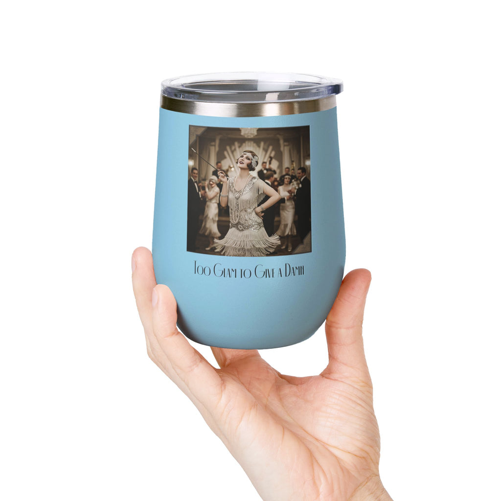 12oz Stainless Steel Wine Tumbler — Vintage Gatsby Party Design "Too Glam to Give a Damn"