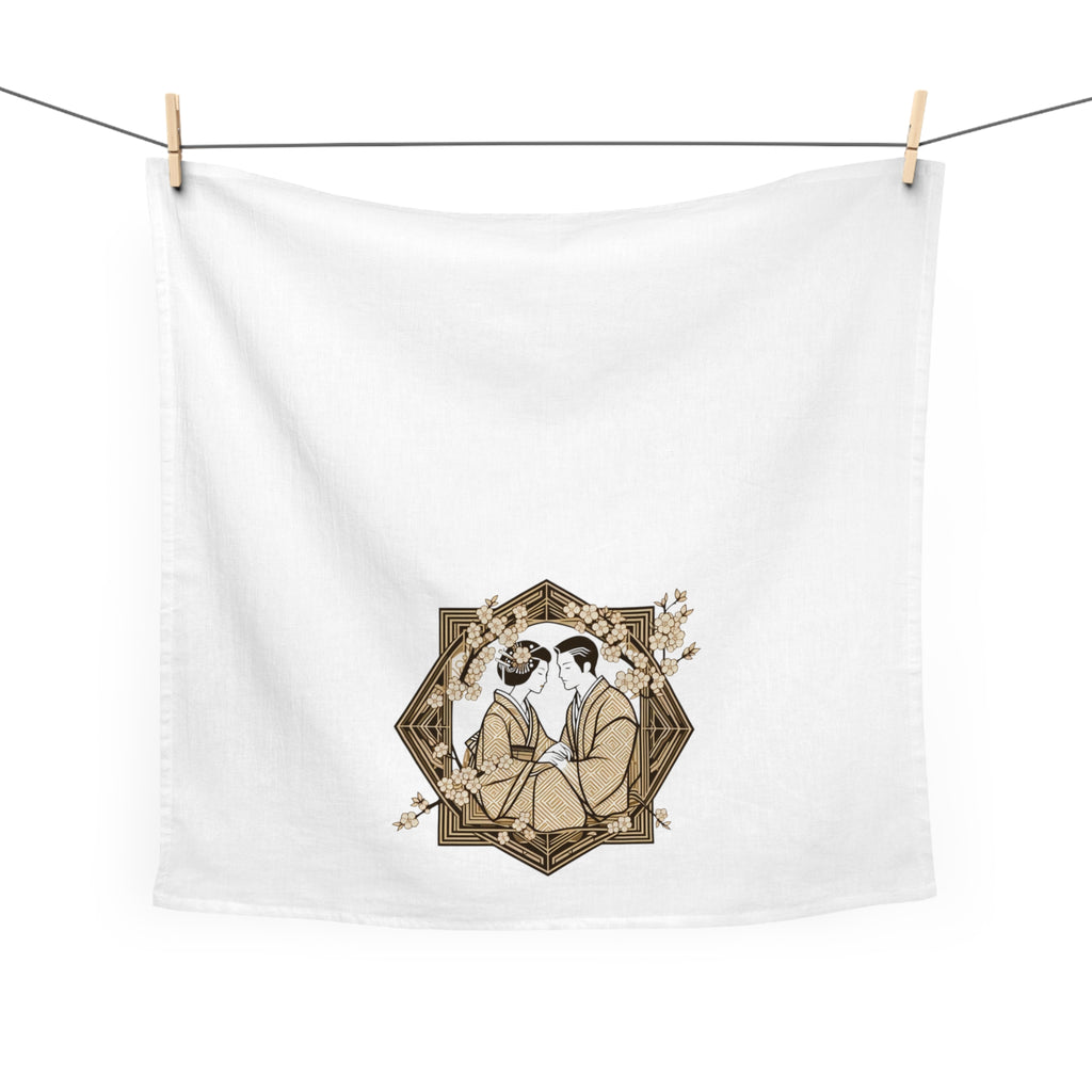 28 Inch Square Cotton Tea Towel — Vintage Japanese Couple Illustration Kitchen Towel