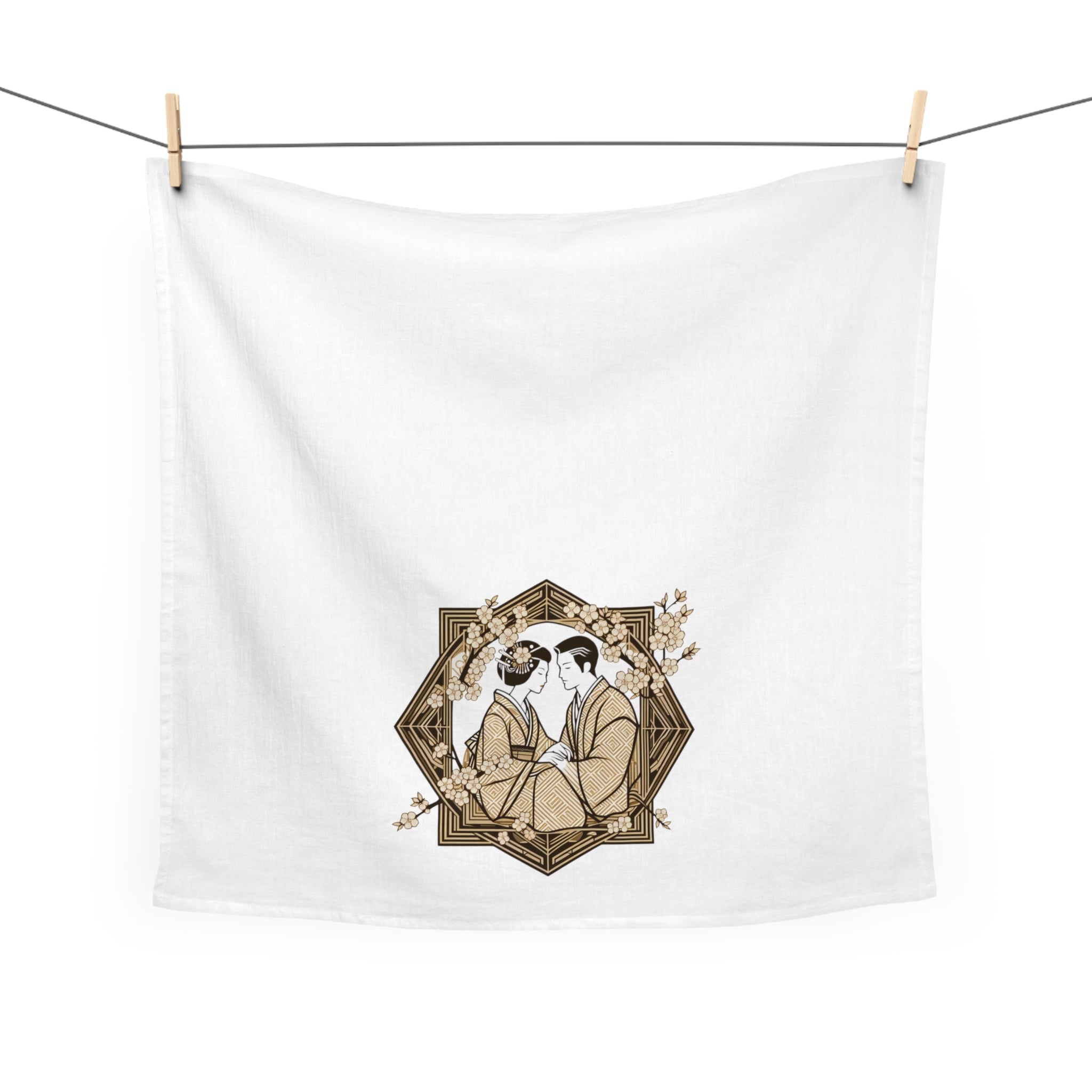 28 Inch Square Cotton Tea Towel — Vintage Japanese Couple Illustration Kitchen Towel