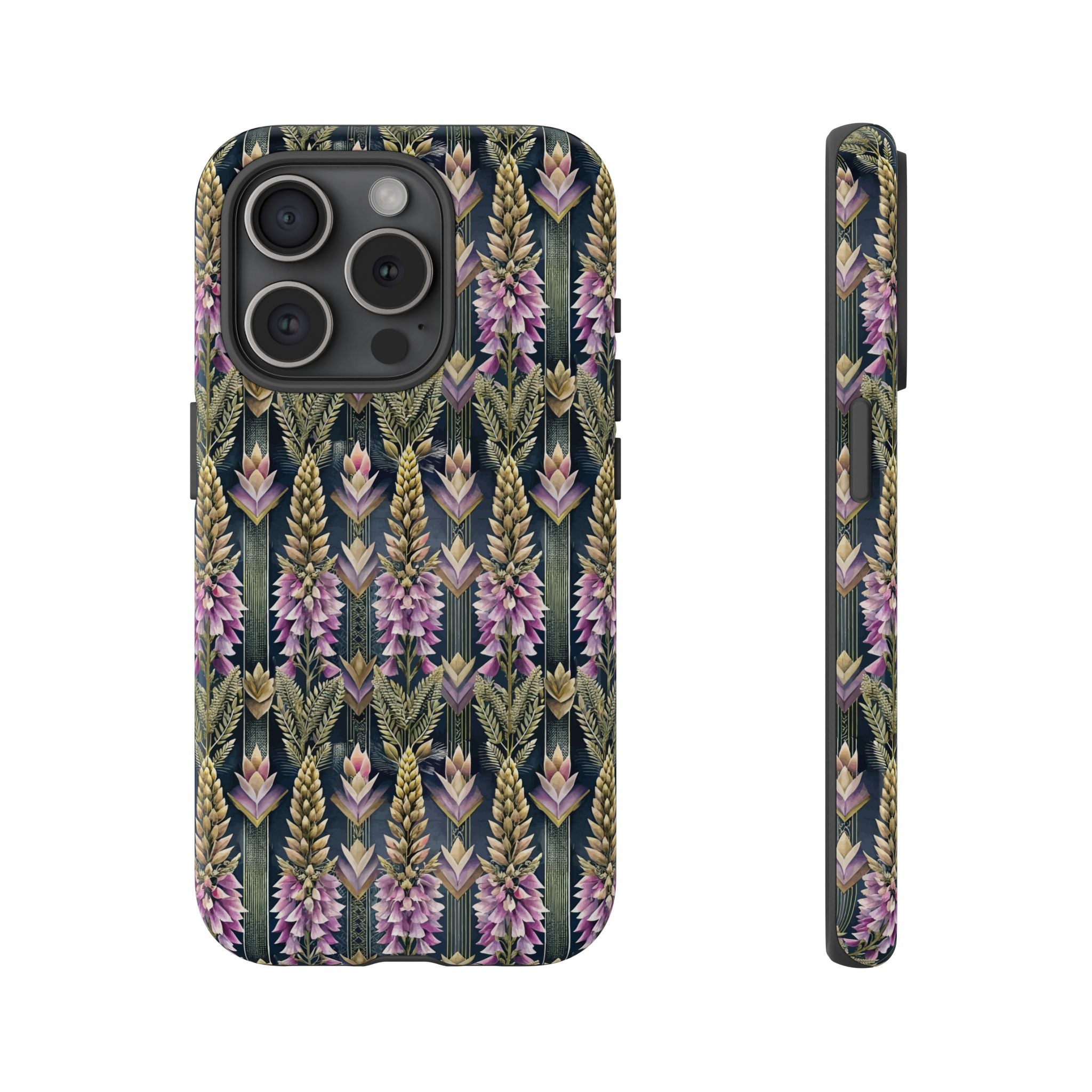 Art Deco Floral Chevron Tough Phone Case — Purple Lupine Pattern Mobile Protective Cover - iPhone, Google Pixel, Galaxy Models