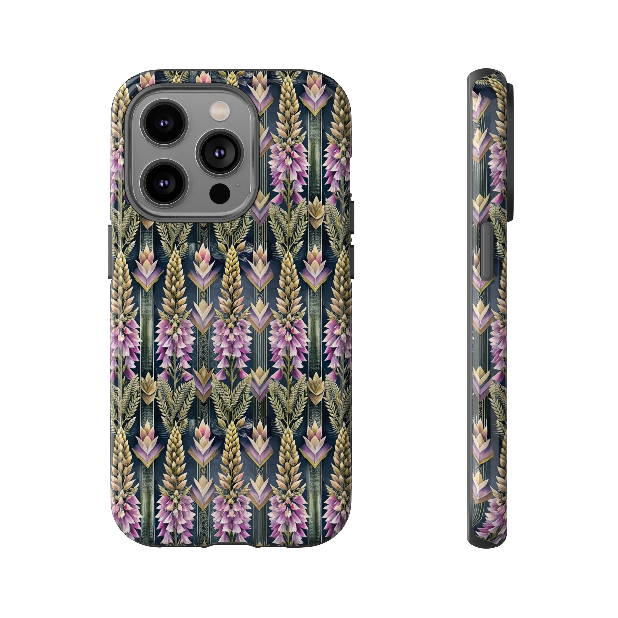 Art Deco Floral Chevron Tough Phone Case — Purple Lupine Pattern Mobile Protective Cover - iPhone, Google Pixel, Galaxy Models