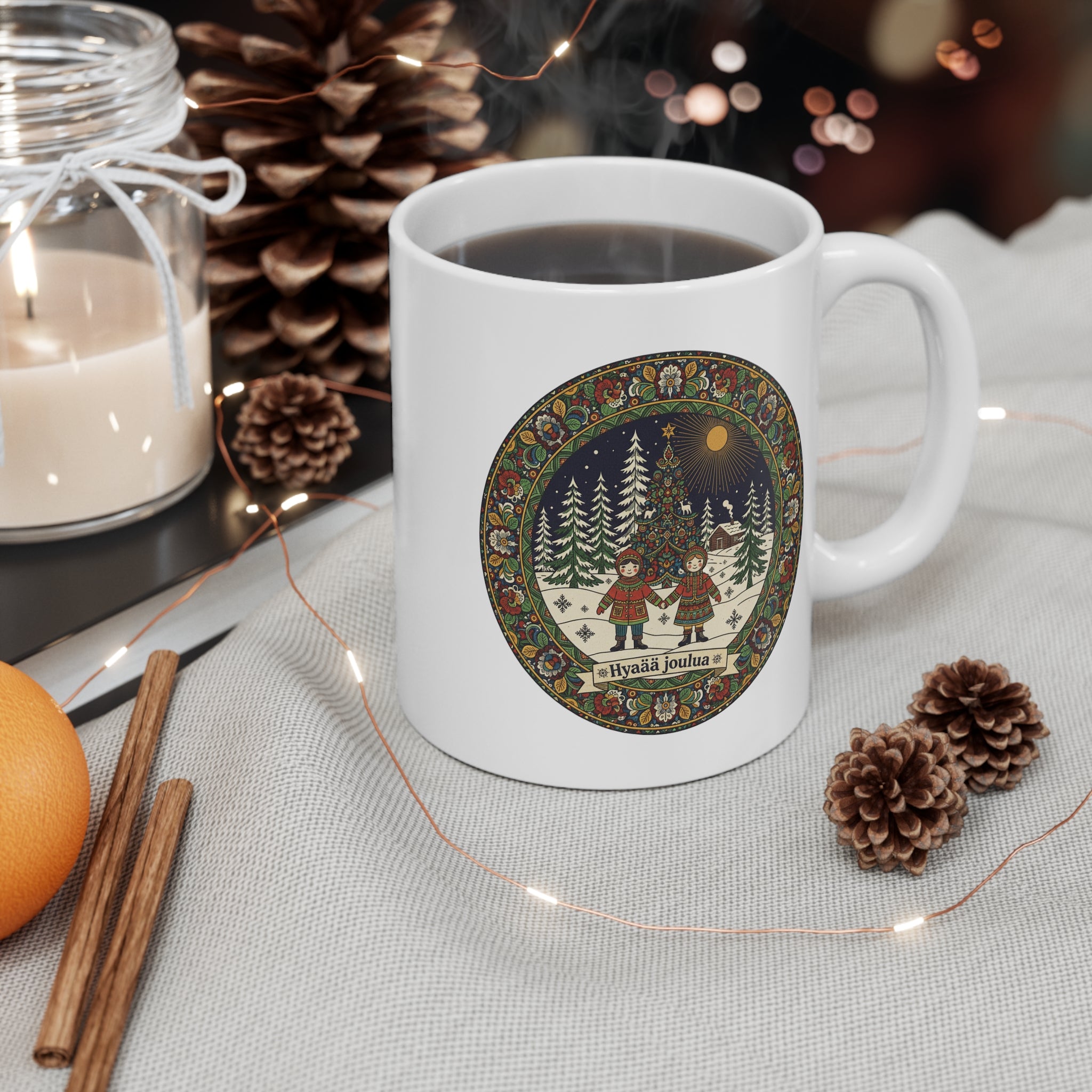"Hyvää joulua" White Ceramic Mug — Finnish Folk Christmas Winter Scene - 11 oz Coffee Cup