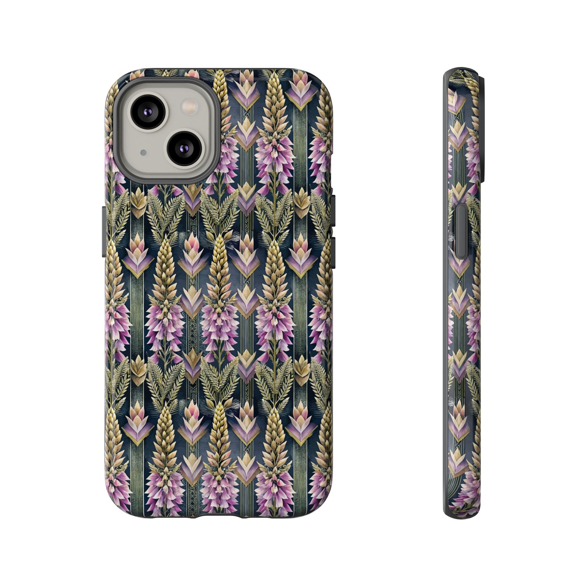 Art Deco Floral Chevron Tough Phone Case — Purple Lupine Pattern Mobile Protective Cover - iPhone, Google Pixel, Galaxy Models