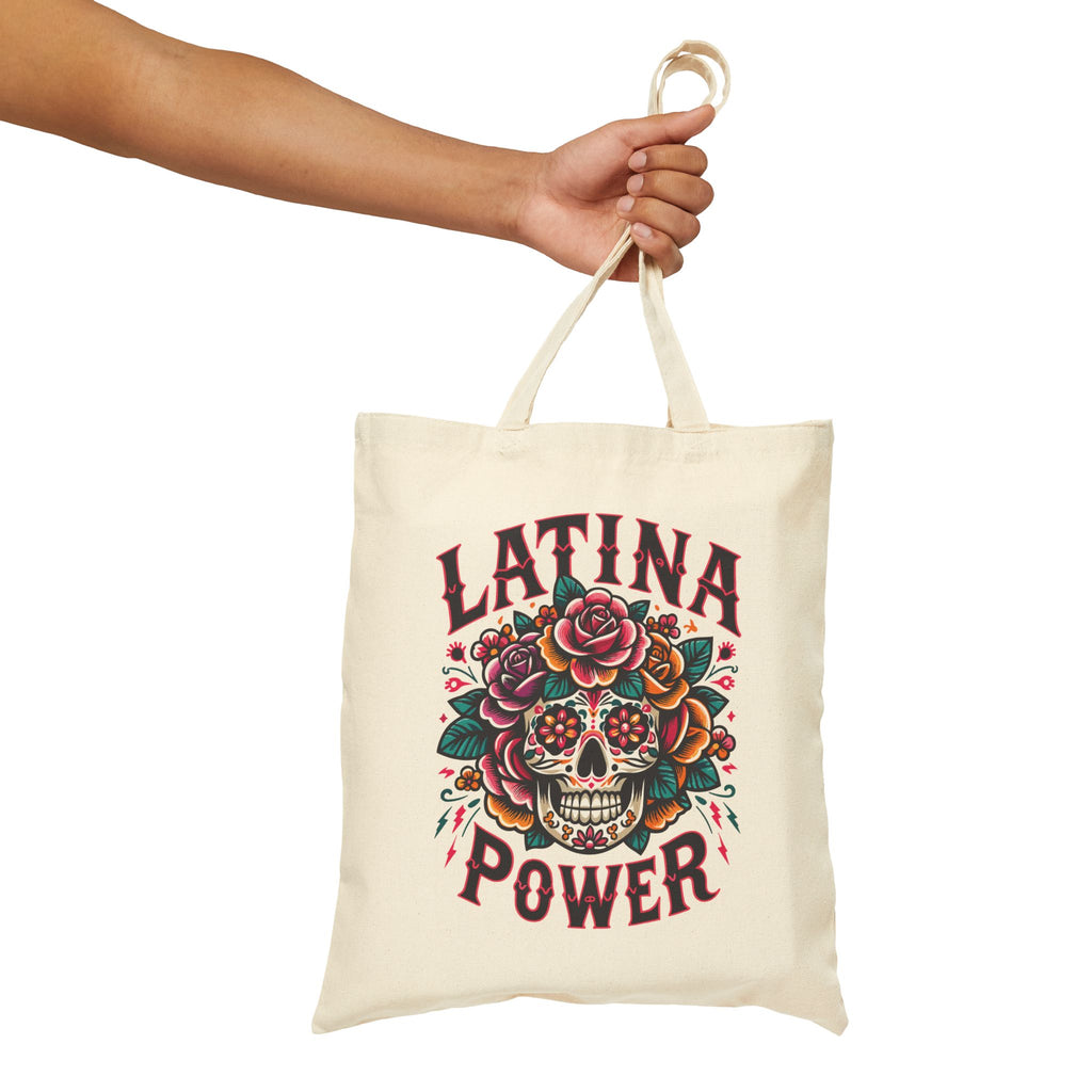 "Latina Power" Floral Sugar Skull Cotton Canvas Tote Bag