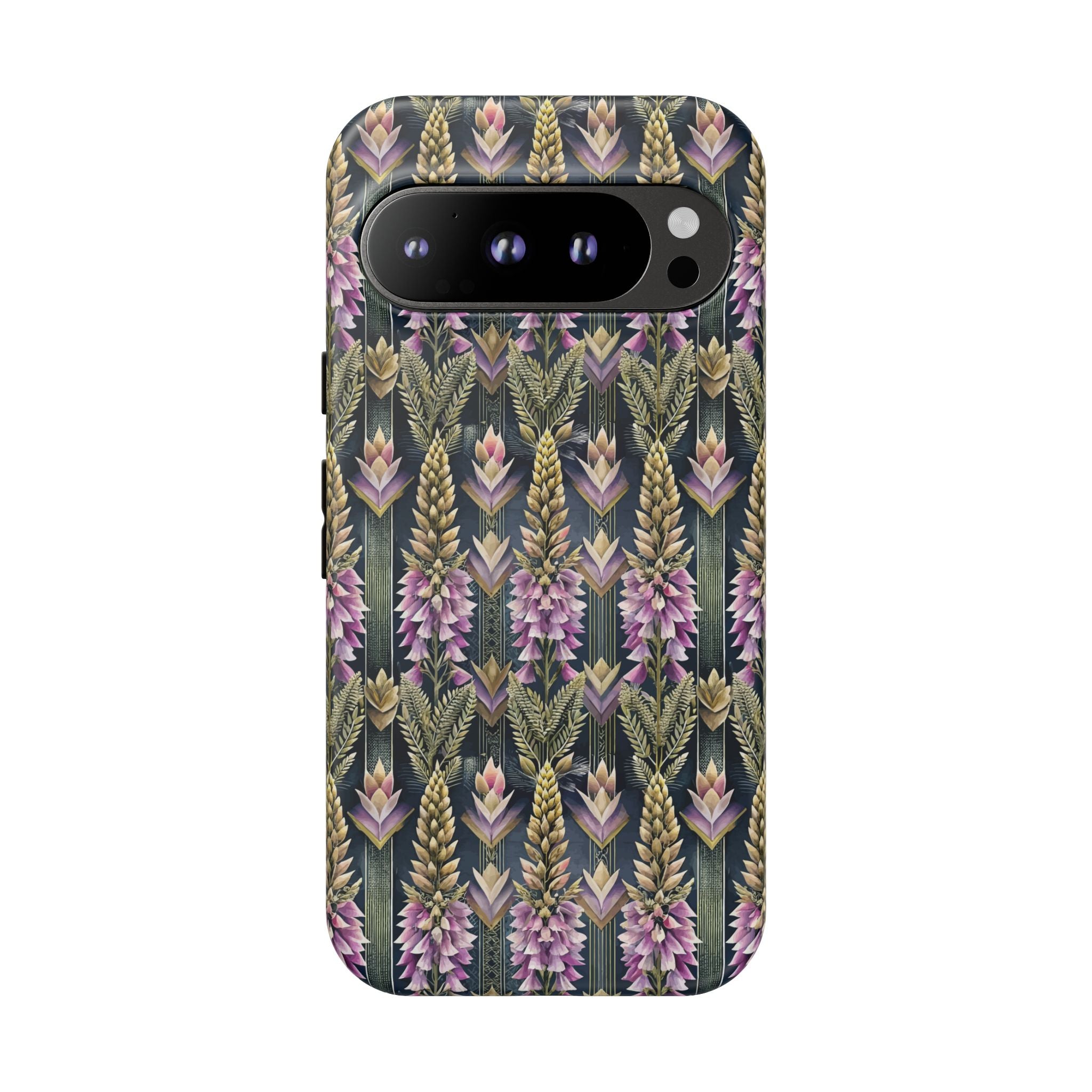 Art Deco Floral Chevron Tough Phone Case — Purple Lupine Pattern Mobile Protective Cover - iPhone, Google Pixel, Galaxy Models