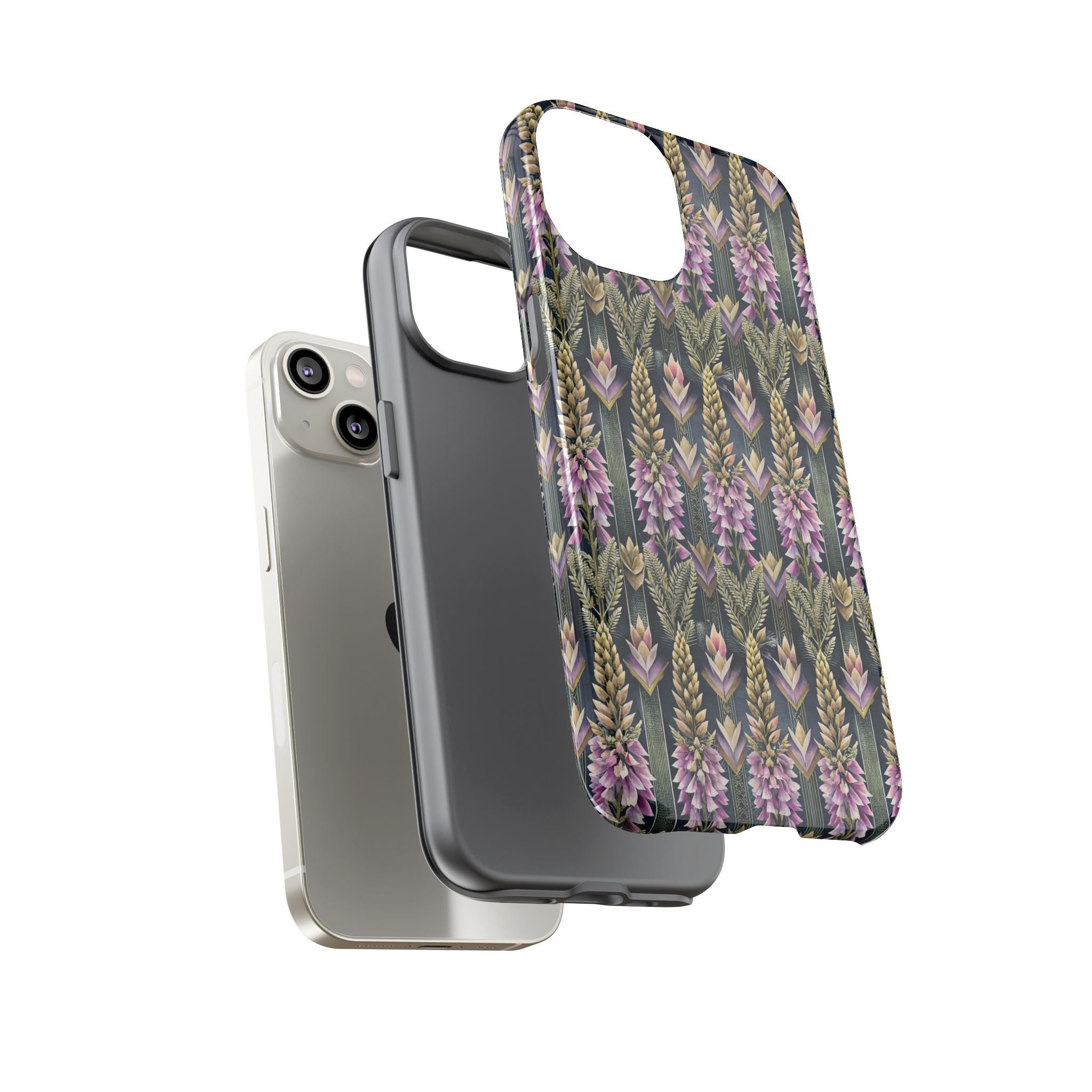 Art Deco Floral Chevron Tough Phone Case — Purple Lupine Pattern Mobile Protective Cover - iPhone, Google Pixel, Galaxy Models