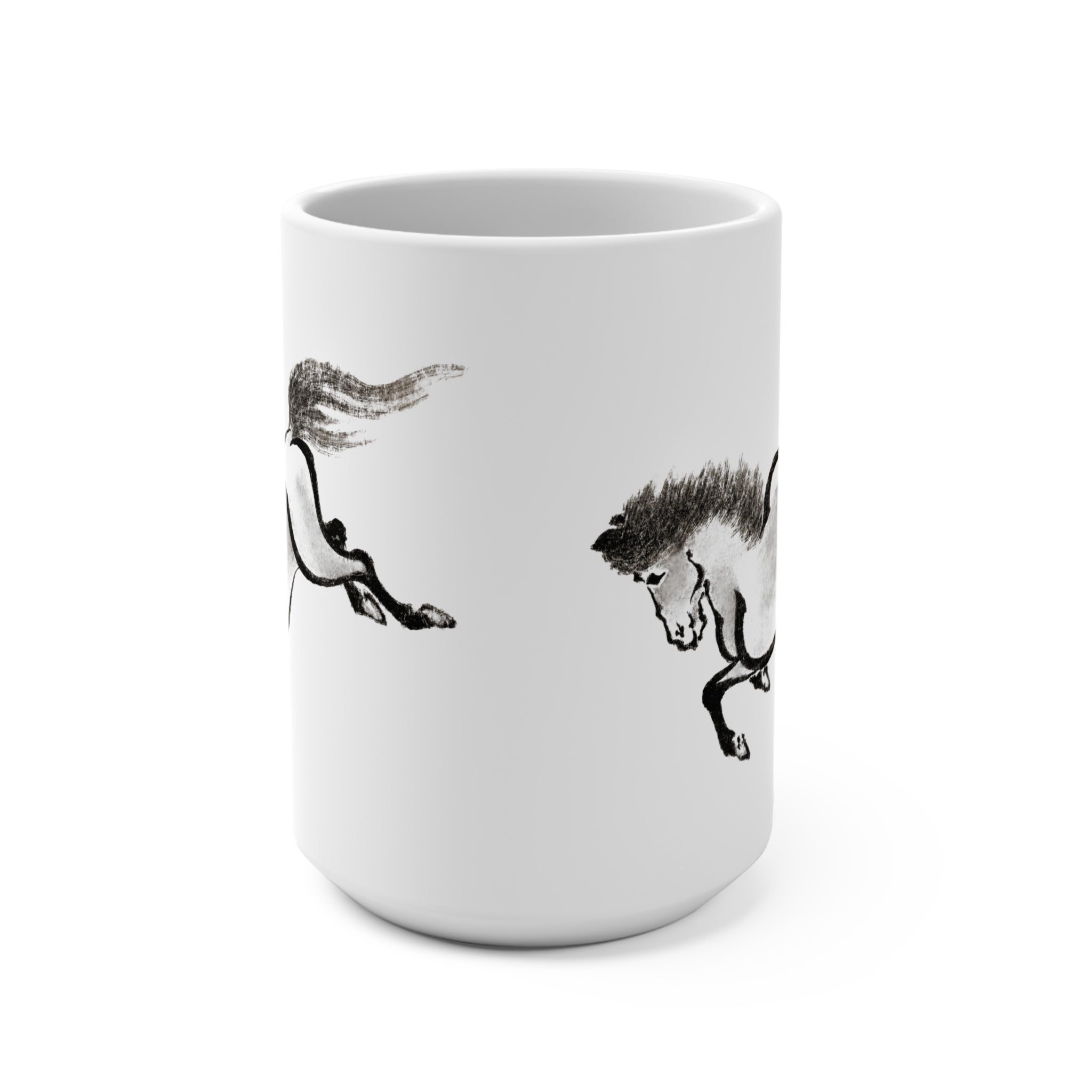 15oz Horse Mug — Vintage Japanese Art - Black Ink Galloping Horse Ceramic Coffee Cup