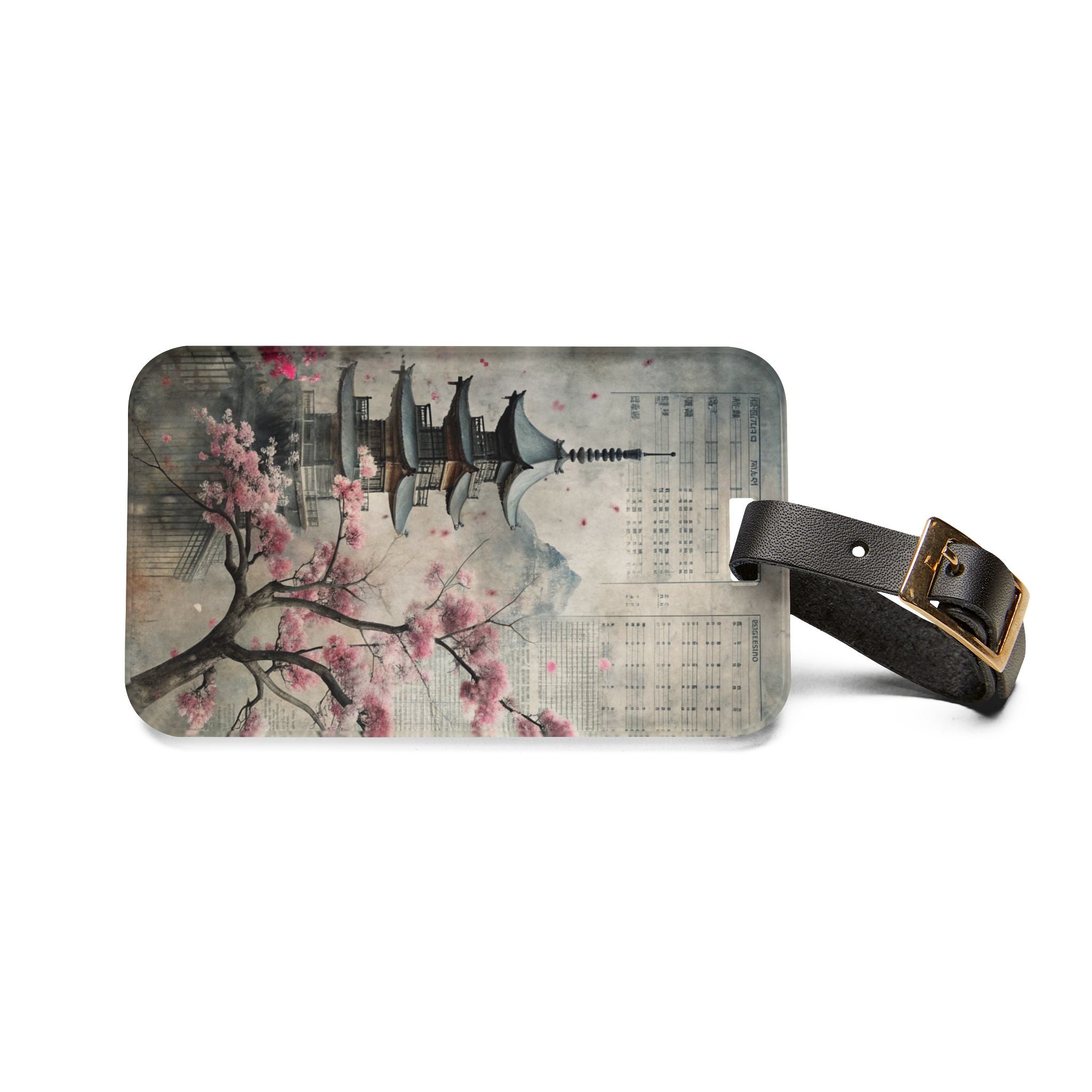 Acrylic Luggage Tag — Vintage Japanese Pagoda & Cherry Blossom Travel ID