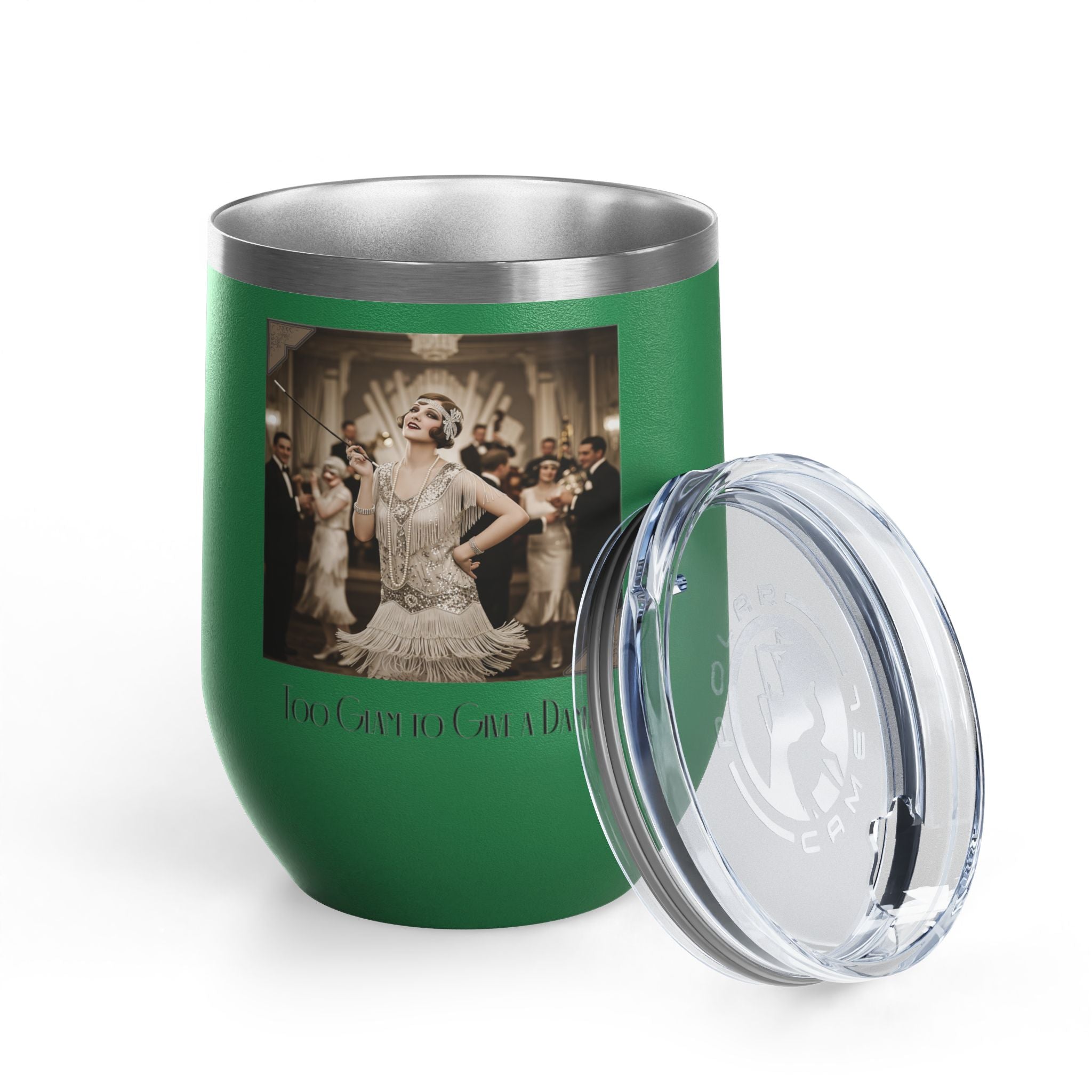12oz Stainless Steel Wine Tumbler — Vintage Gatsby Party Design "Too Glam to Give a Damn"