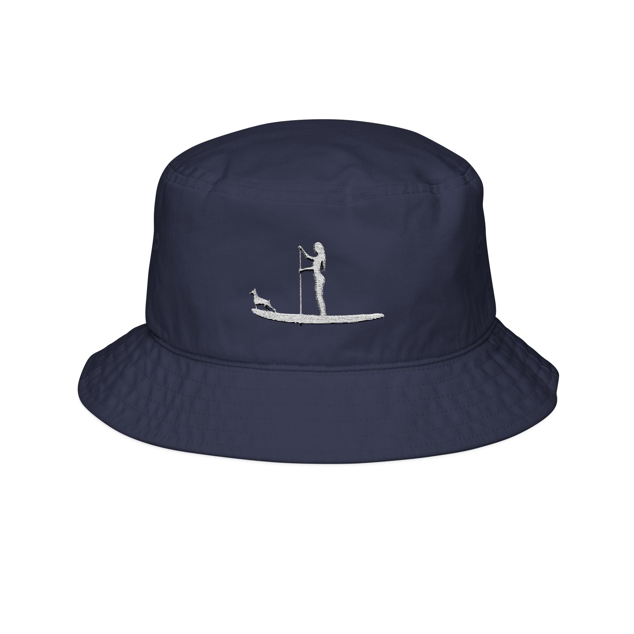 Paddleboard Woman with Dog Silhouette - Embroidered Bucket Hat — Minimalist SUP Surfing Sun Hat