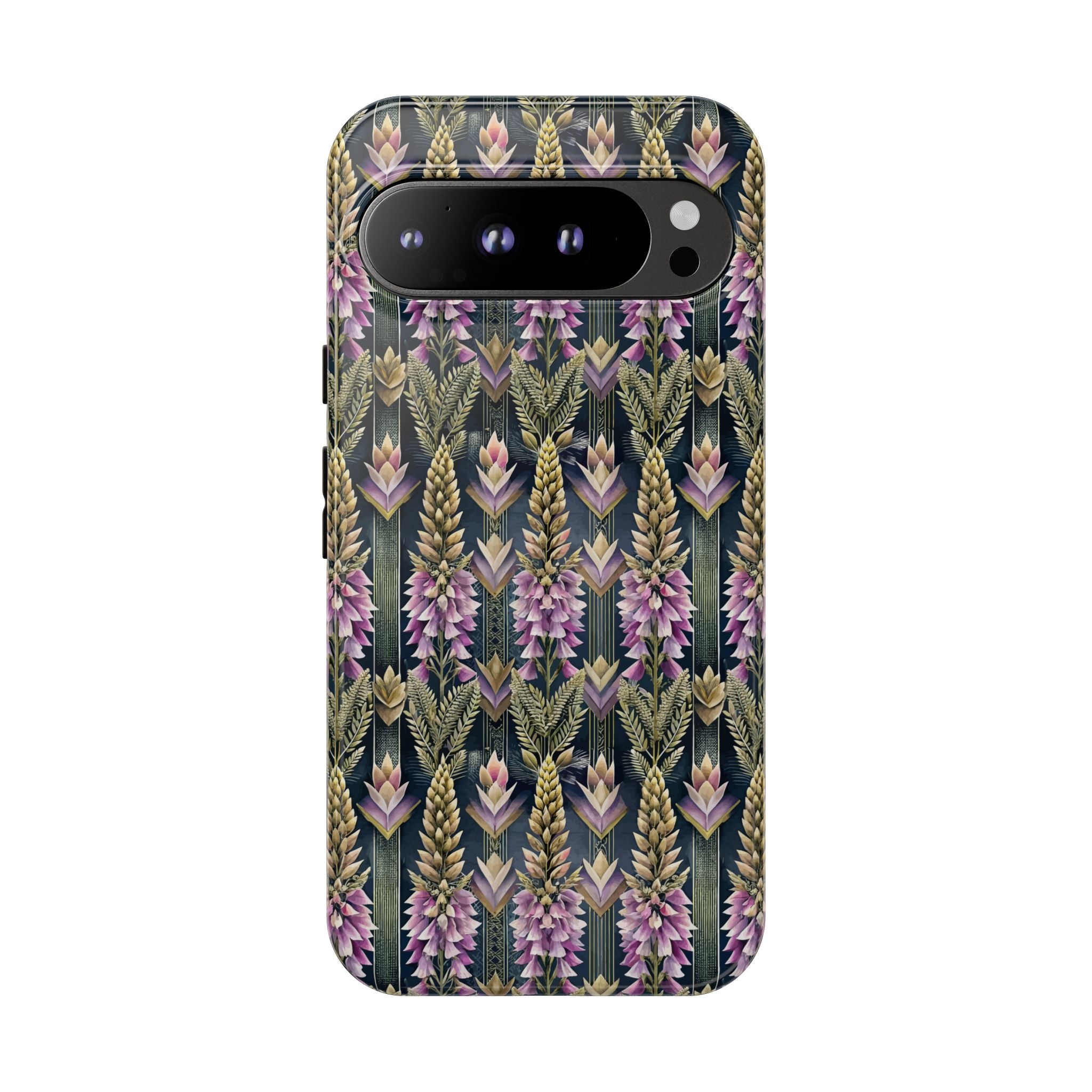 Art Deco Floral Chevron Tough Phone Case — Purple Lupine Pattern Mobile Protective Cover - iPhone, Google Pixel, Galaxy Models