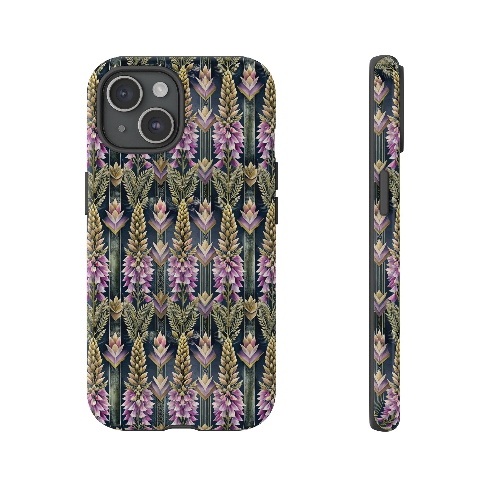 Art Deco Floral Chevron Tough Phone Case — Purple Lupine Pattern Mobile Protective Cover - iPhone, Google Pixel, Galaxy Models