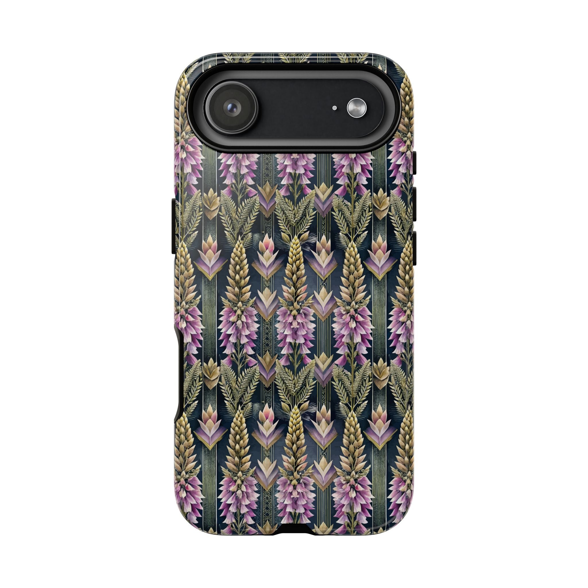 Art Deco Floral Chevron Tough Phone Case — Purple Lupine Pattern Mobile Protective Cover - iPhone, Google Pixel, Galaxy Models