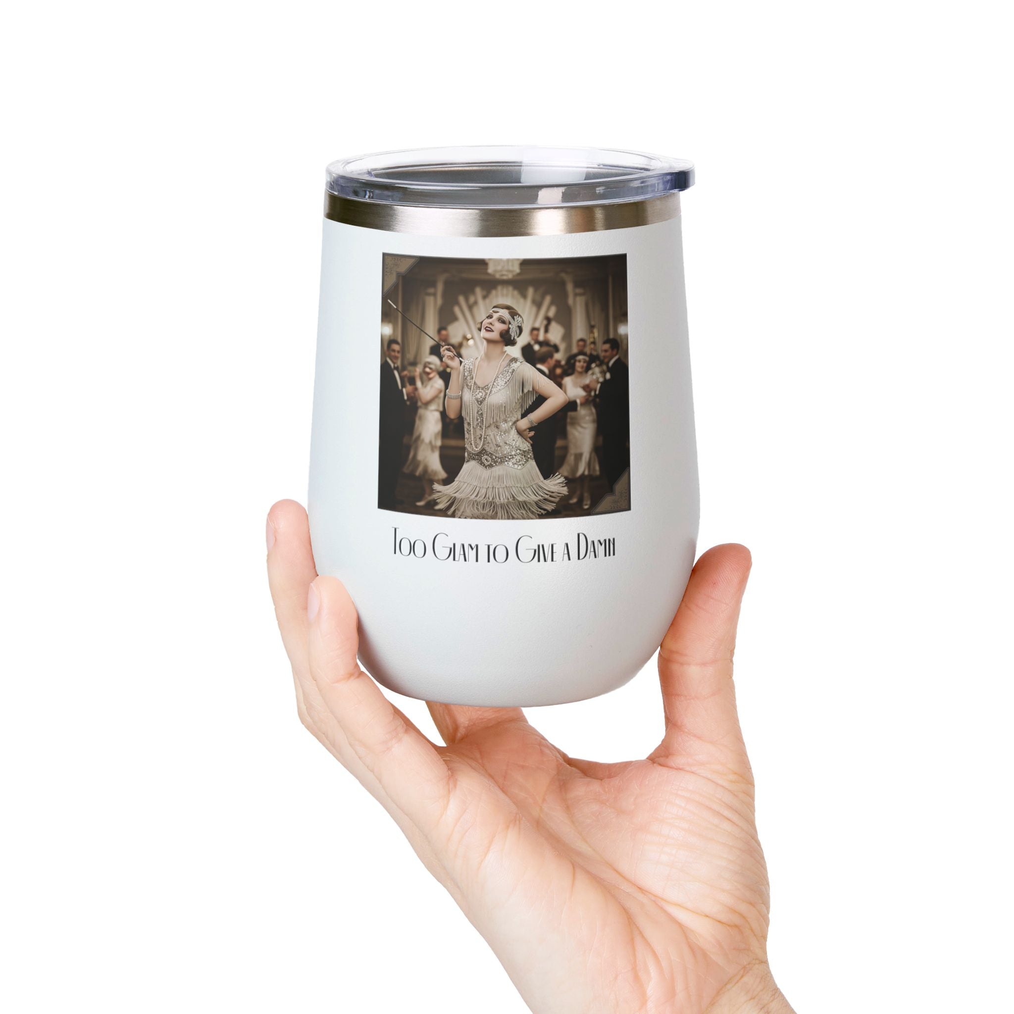 12oz Stainless Steel Wine Tumbler — Vintage Gatsby Party Design "Too Glam to Give a Damn"