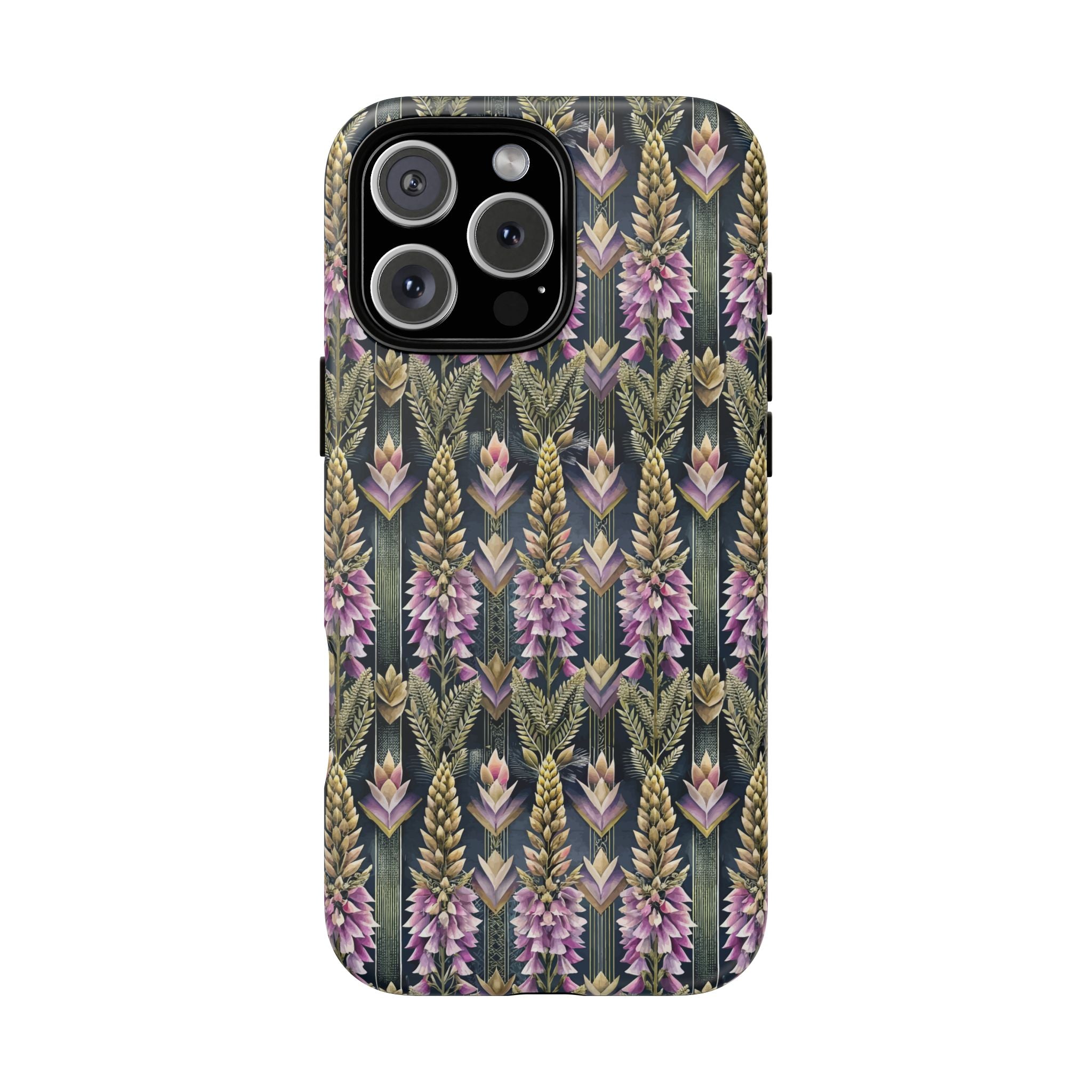 Art Deco Floral Chevron Tough Phone Case — Purple Lupine Pattern Mobile Protective Cover - iPhone, Google Pixel, Galaxy Models