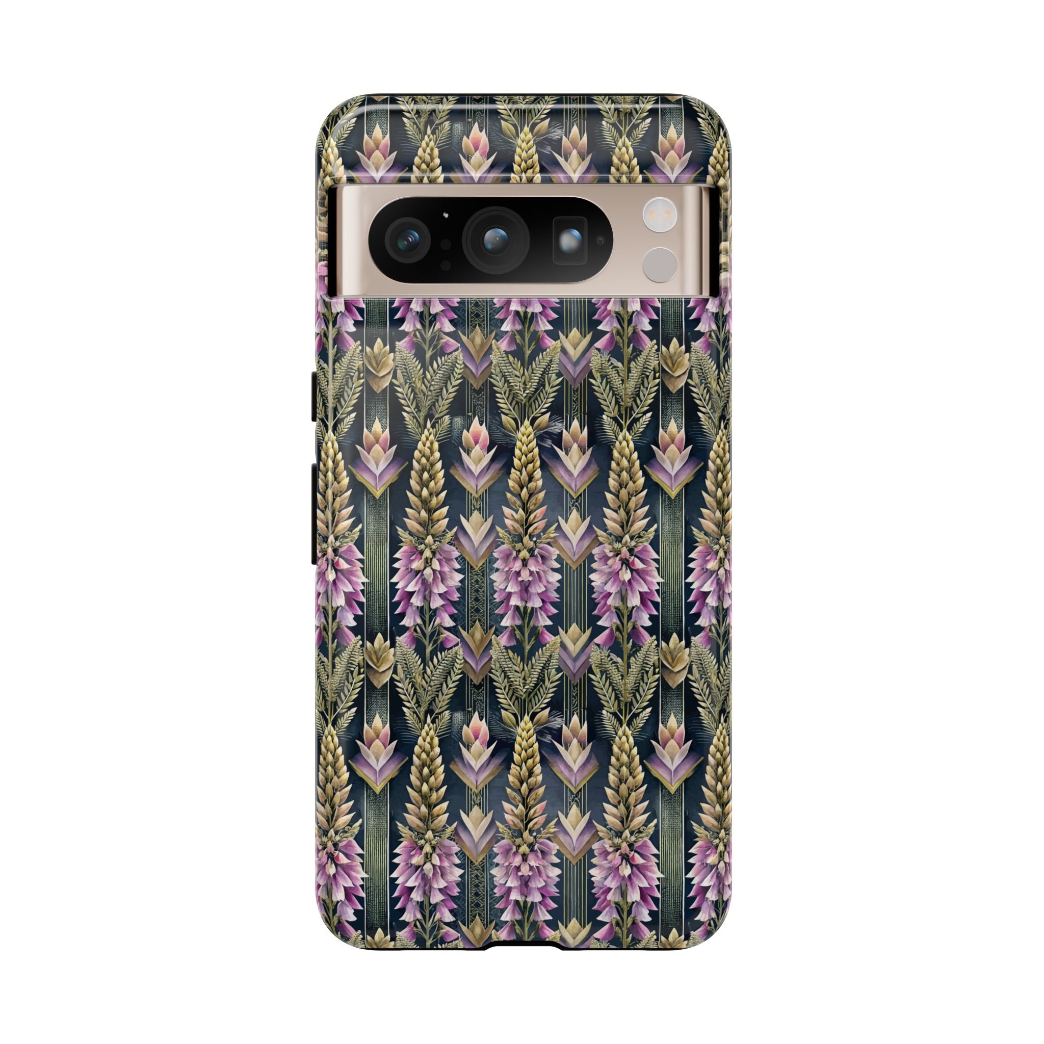 Art Deco Floral Chevron Tough Phone Case — Purple Lupine Pattern Mobile Protective Cover - iPhone, Google Pixel, Galaxy Models
