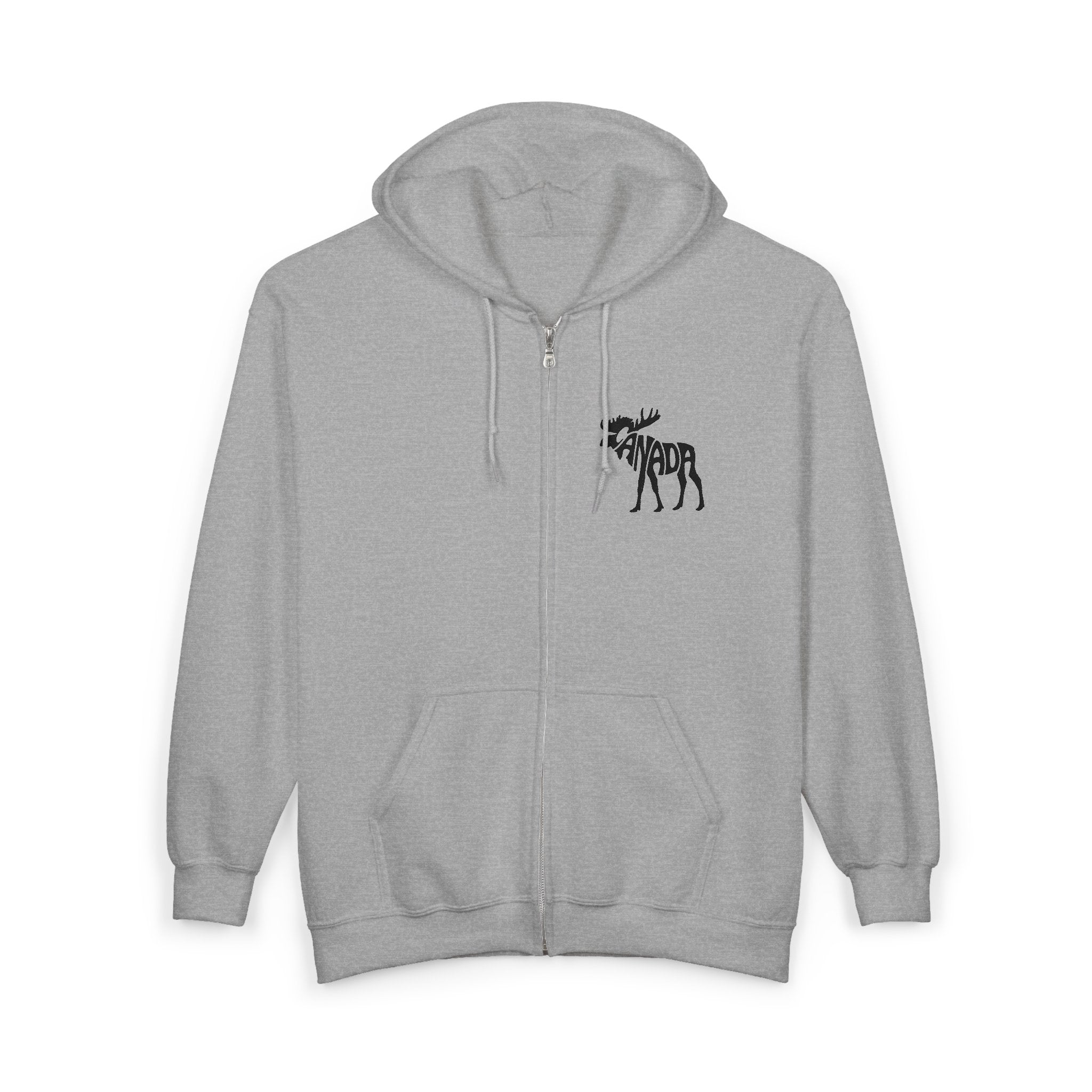 Canada Moose Silhouette Zip Hoodie — Minimalist Gray Unisex Zippered Sweatshirt