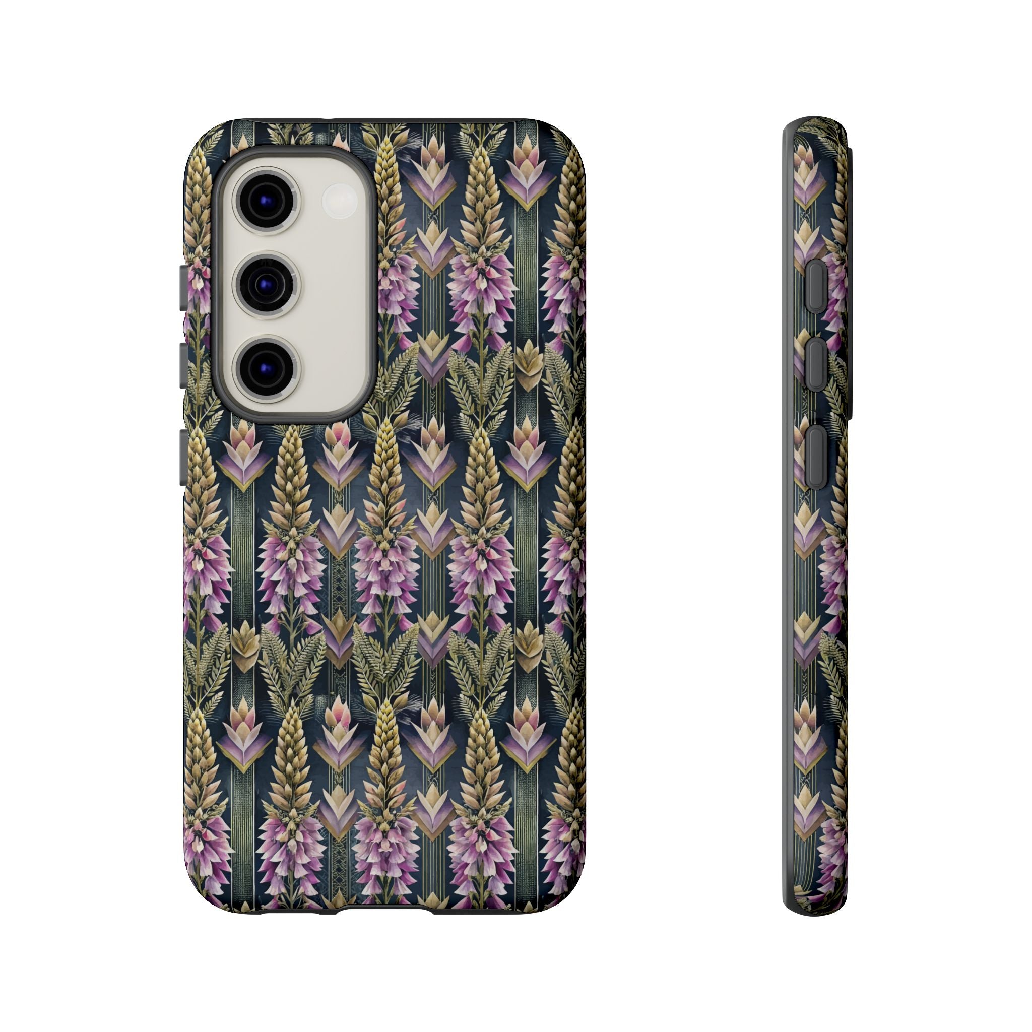 Art Deco Floral Chevron Tough Phone Case — Purple Lupine Pattern Mobile Protective Cover - iPhone, Google Pixel, Galaxy Models