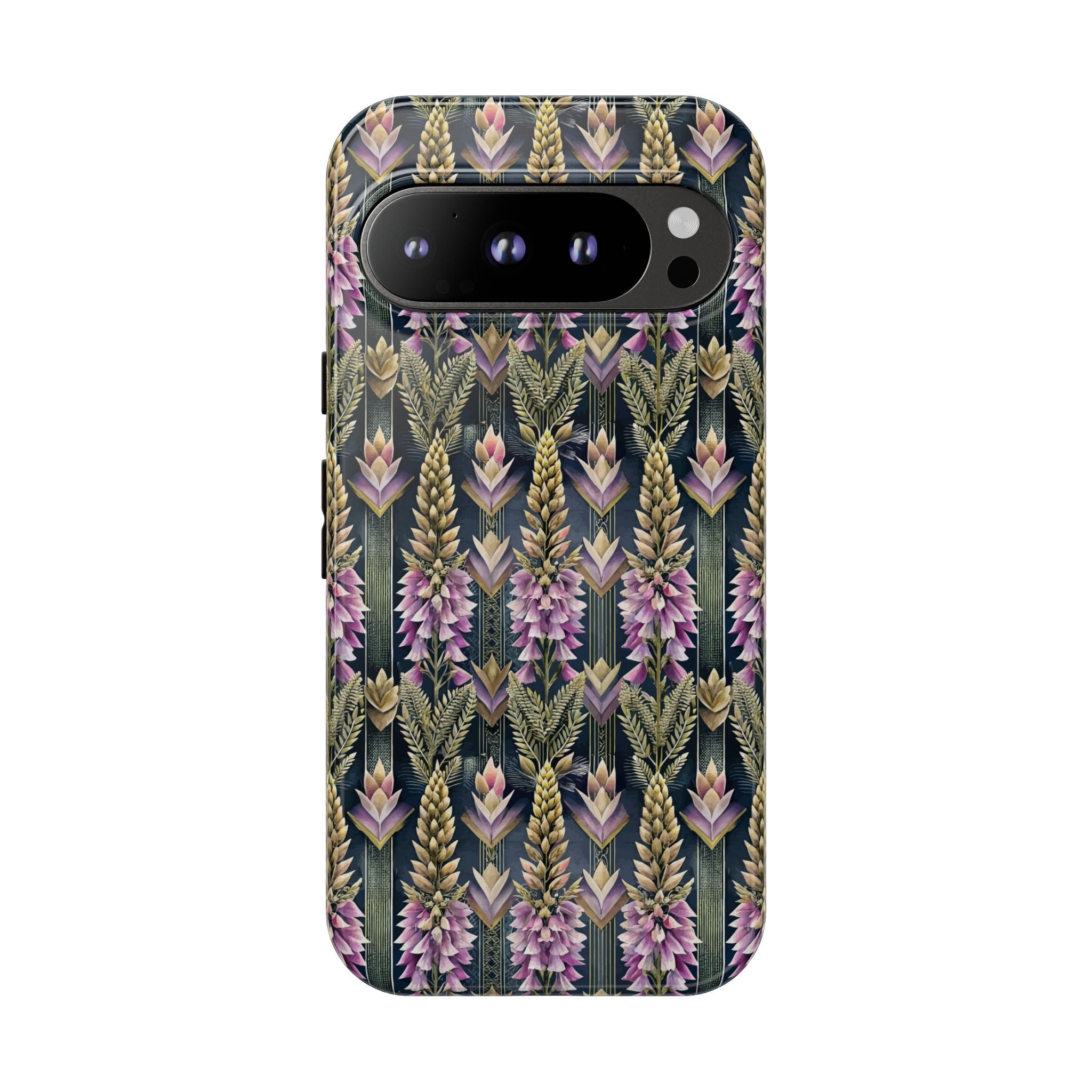 Art Deco Floral Chevron Tough Phone Case — Purple Lupine Pattern Mobile Protective Cover - iPhone, Google Pixel, Galaxy Models