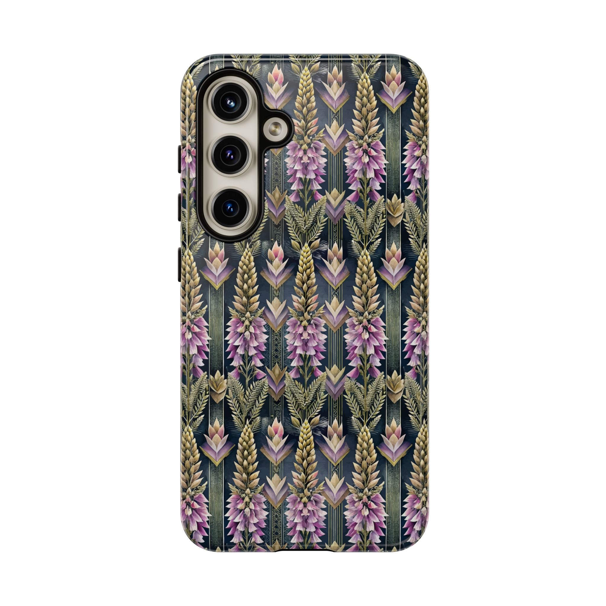 Art Deco Floral Chevron Tough Phone Case — Purple Lupine Pattern Mobile Protective Cover - iPhone, Google Pixel, Galaxy Models