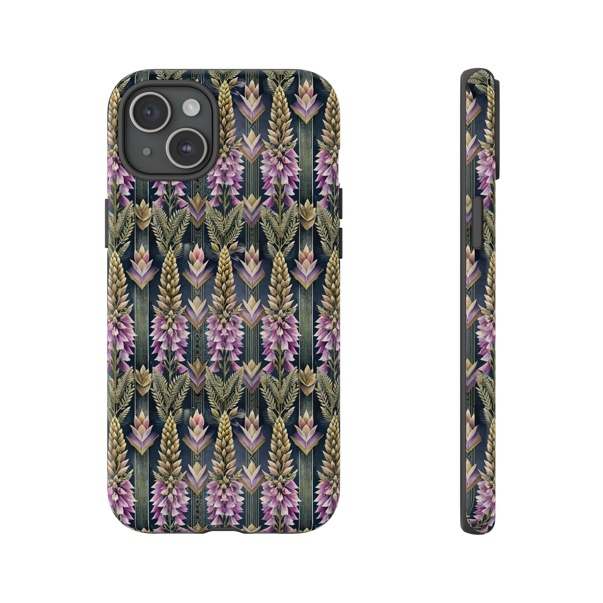 Art Deco Floral Chevron Tough Phone Case — Purple Lupine Pattern Mobile Protective Cover - iPhone, Google Pixel, Galaxy Models