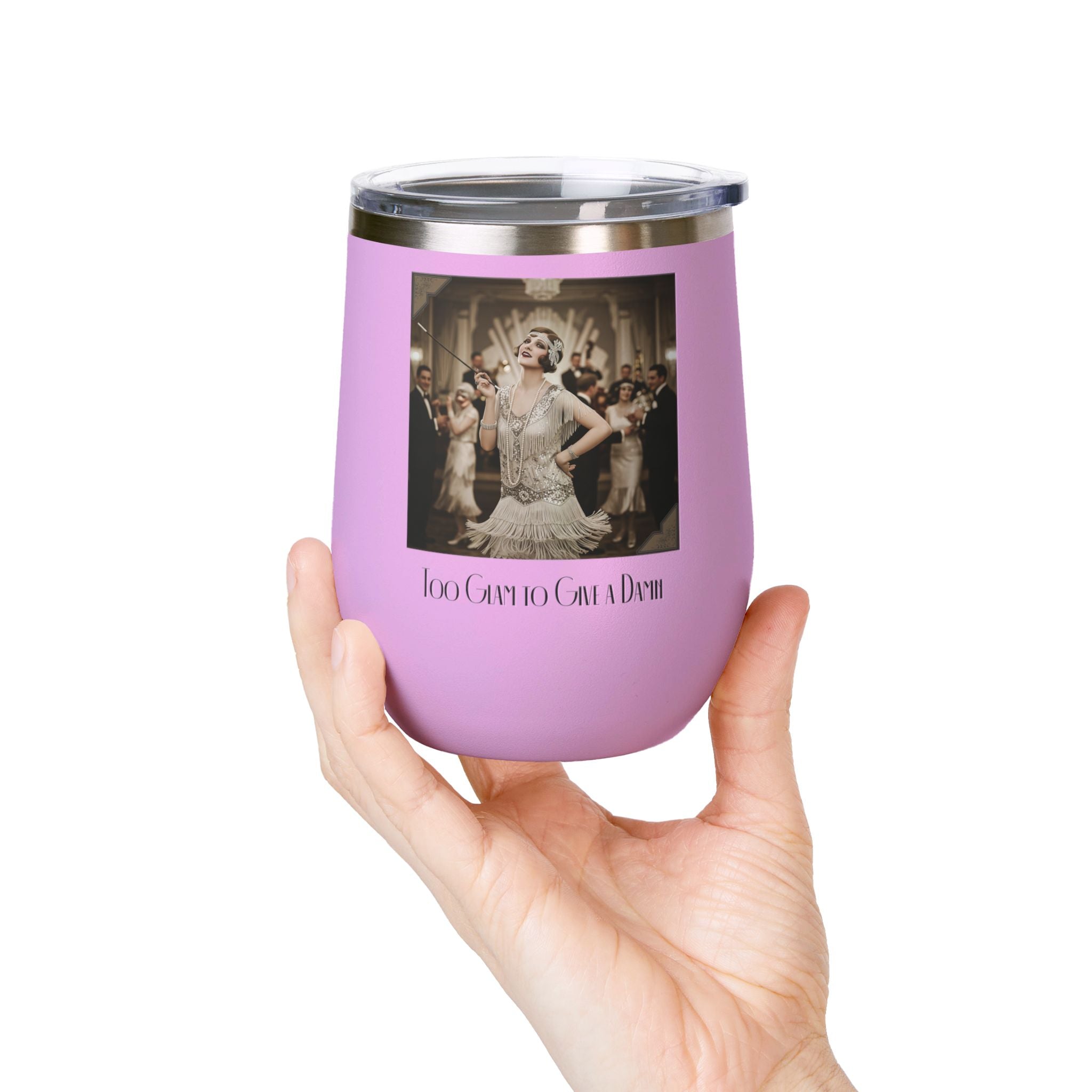 12oz Stainless Steel Wine Tumbler — Vintage Gatsby Party Design "Too Glam to Give a Damn"