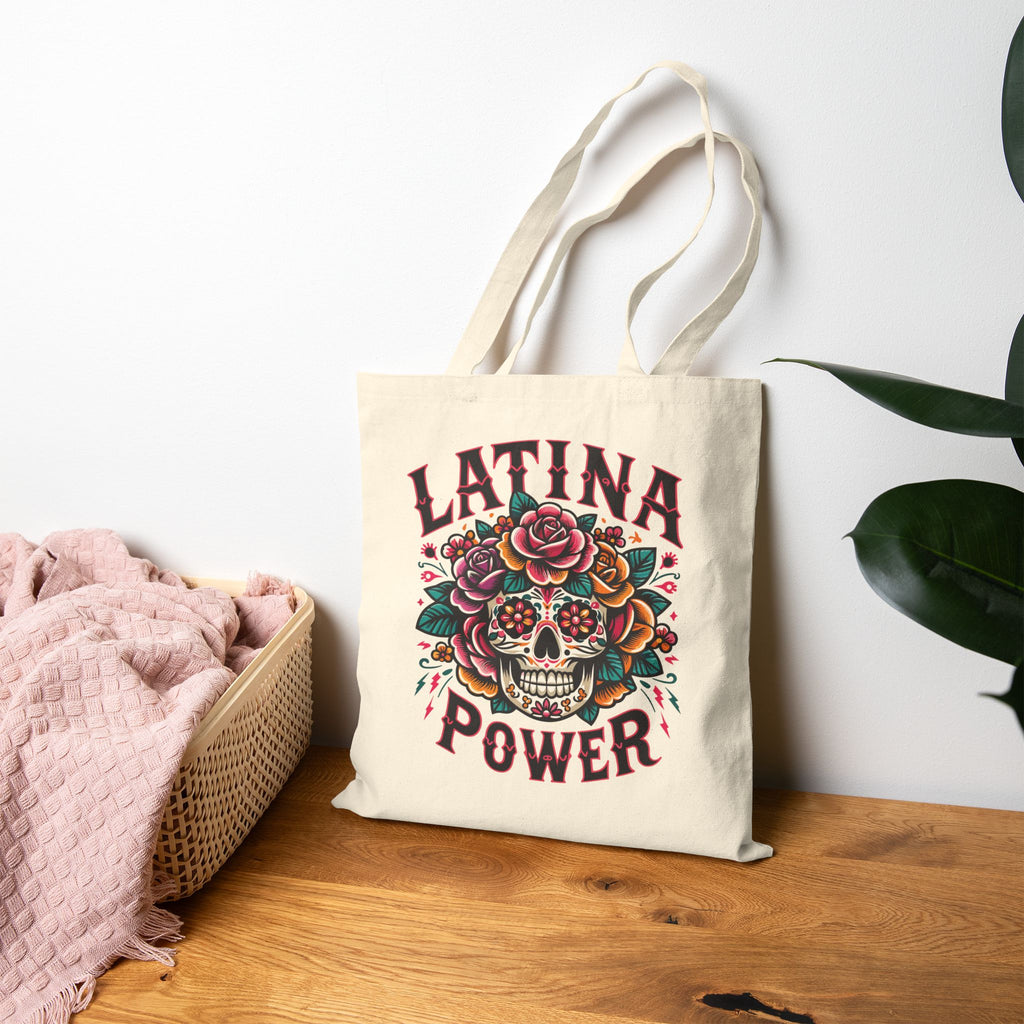 "Latina Power" Floral Sugar Skull Cotton Canvas Tote Bag
