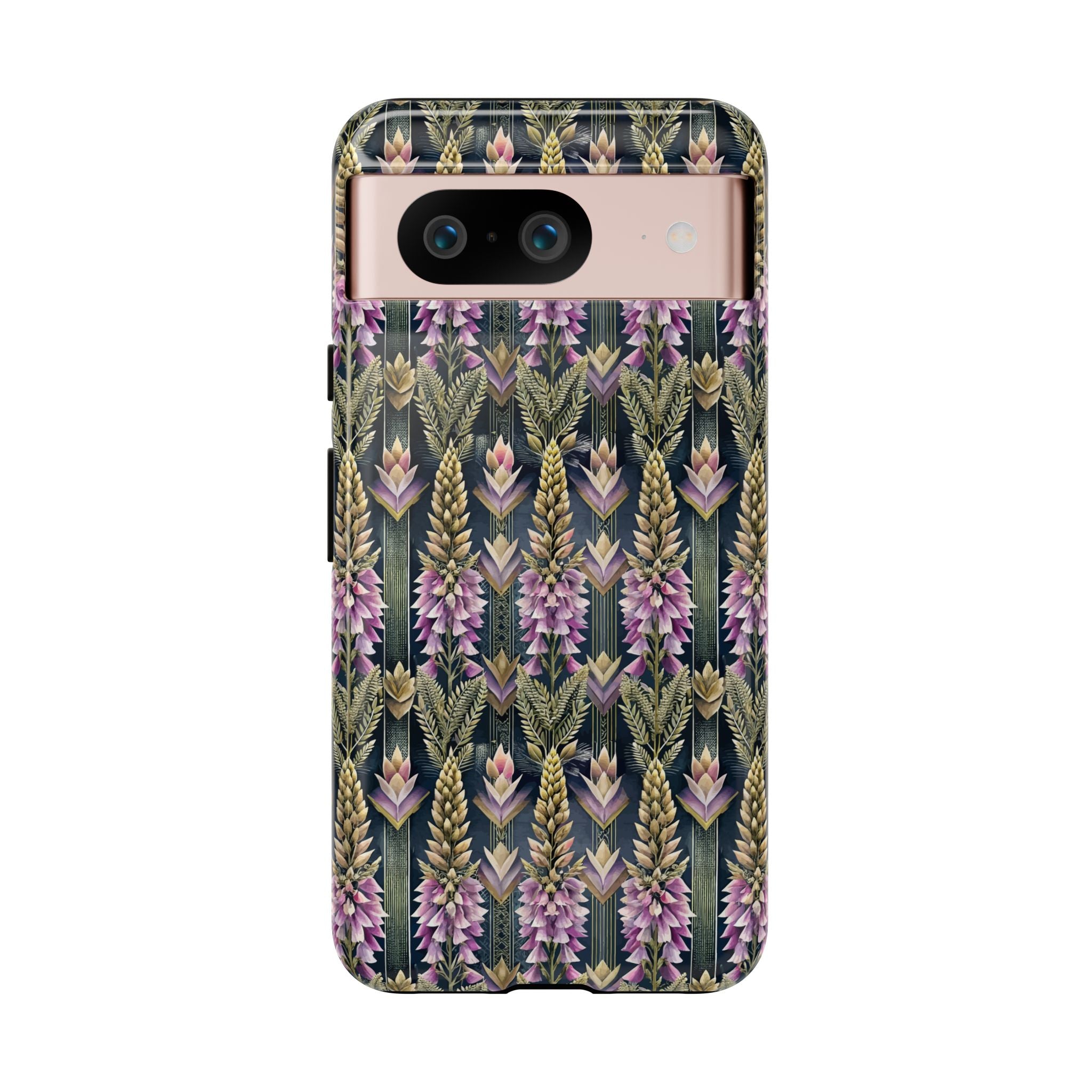 Art Deco Floral Chevron Tough Phone Case — Purple Lupine Pattern Mobile Protective Cover - iPhone, Google Pixel, Galaxy Models