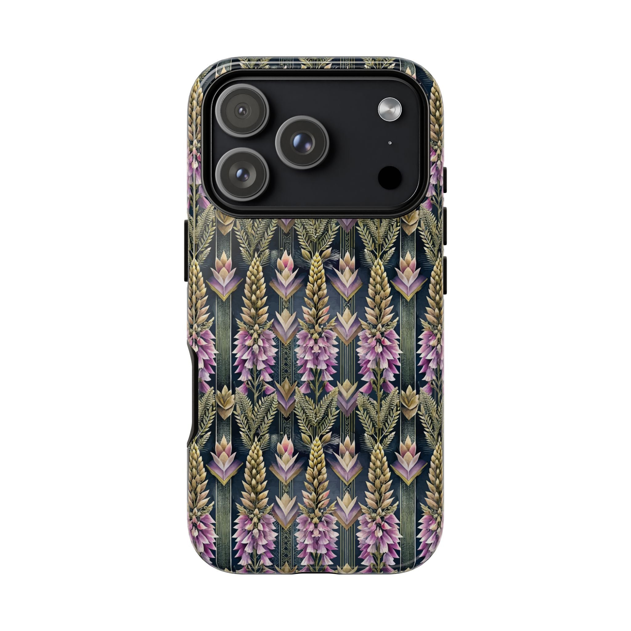 Art Deco Floral Chevron Tough Phone Case — Purple Lupine Pattern Mobile Protective Cover - iPhone, Google Pixel, Galaxy Models