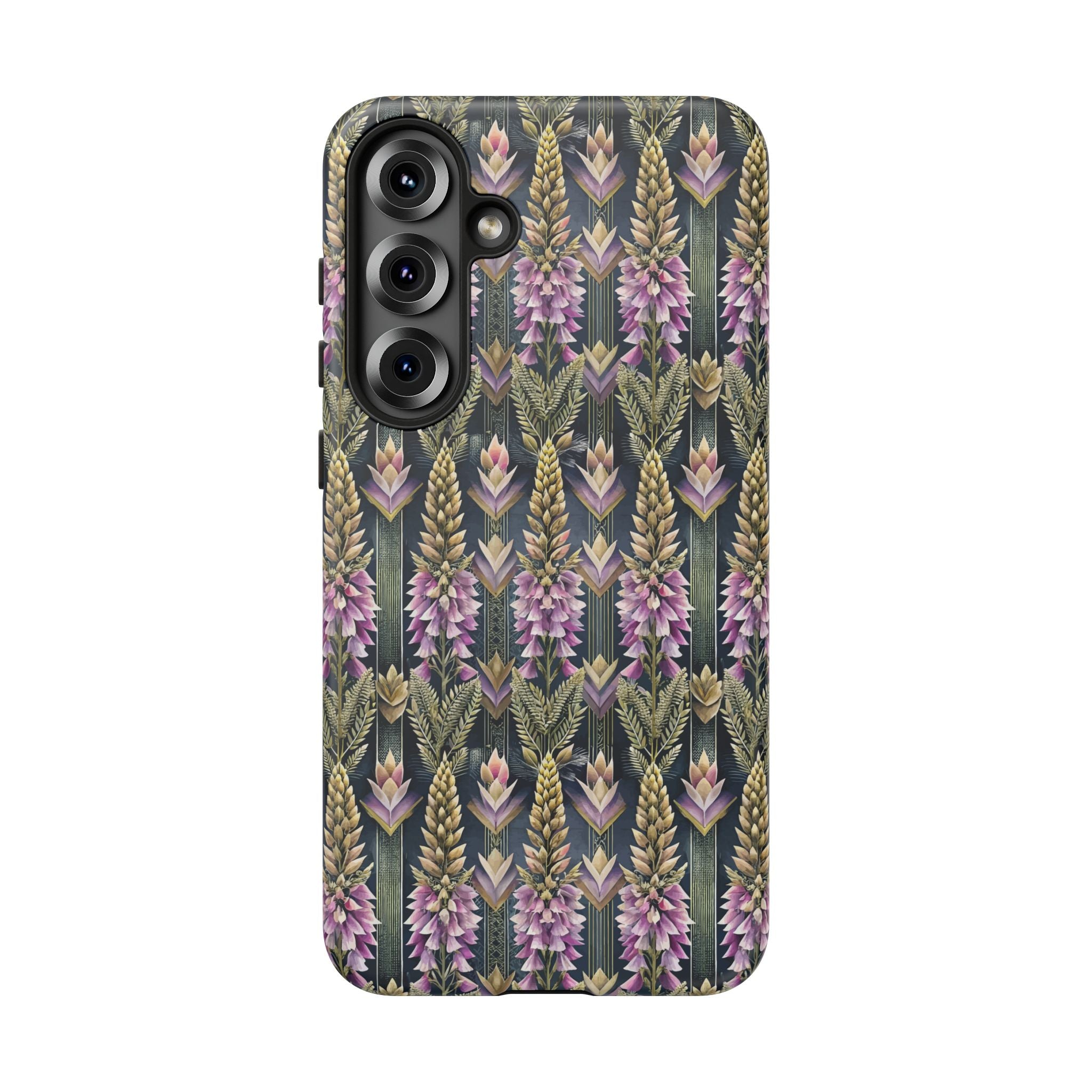 Art Deco Floral Chevron Tough Phone Case — Purple Lupine Pattern Mobile Protective Cover - iPhone, Google Pixel, Galaxy Models