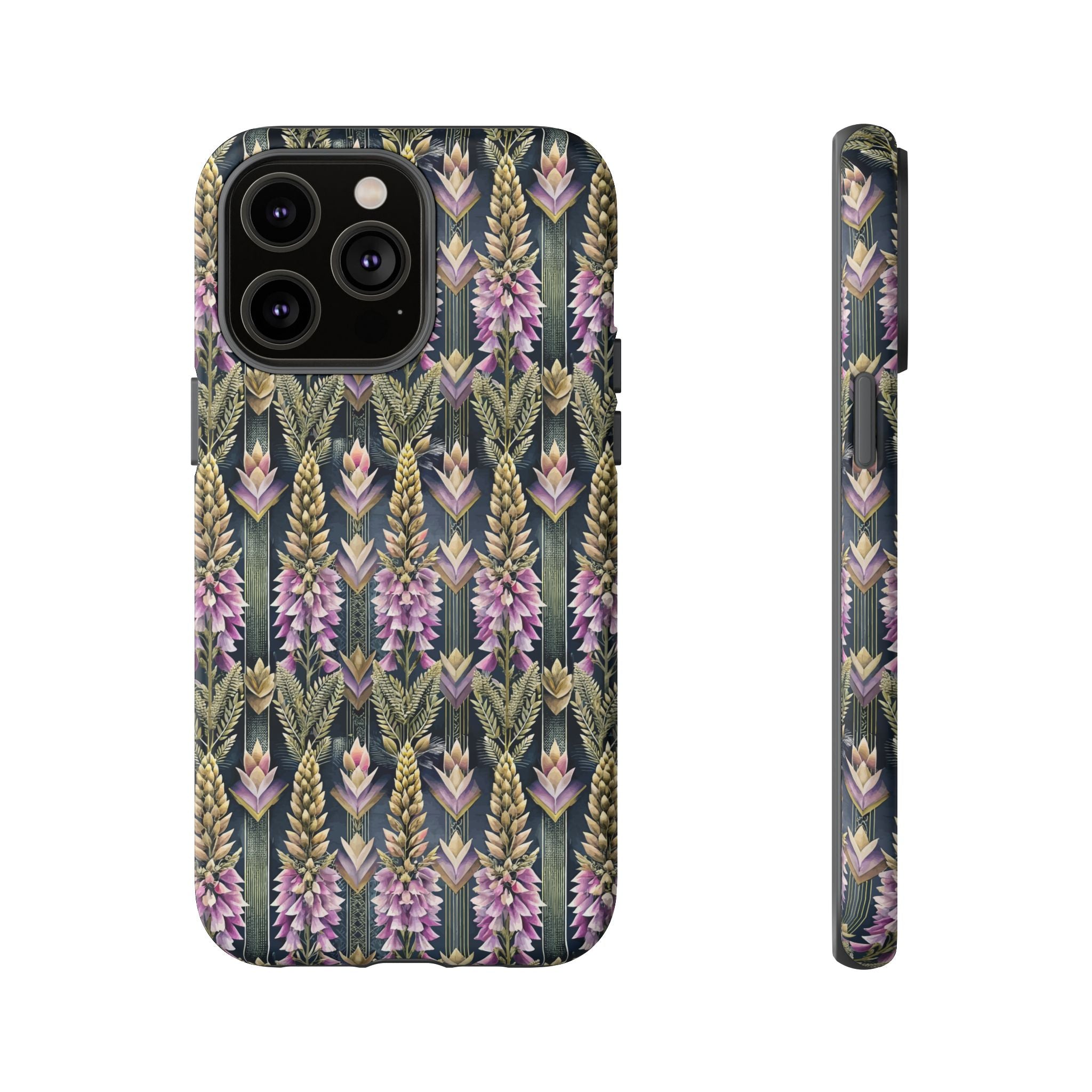Art Deco Floral Chevron Tough Phone Case — Purple Lupine Pattern Mobile Protective Cover - iPhone, Google Pixel, Galaxy Models