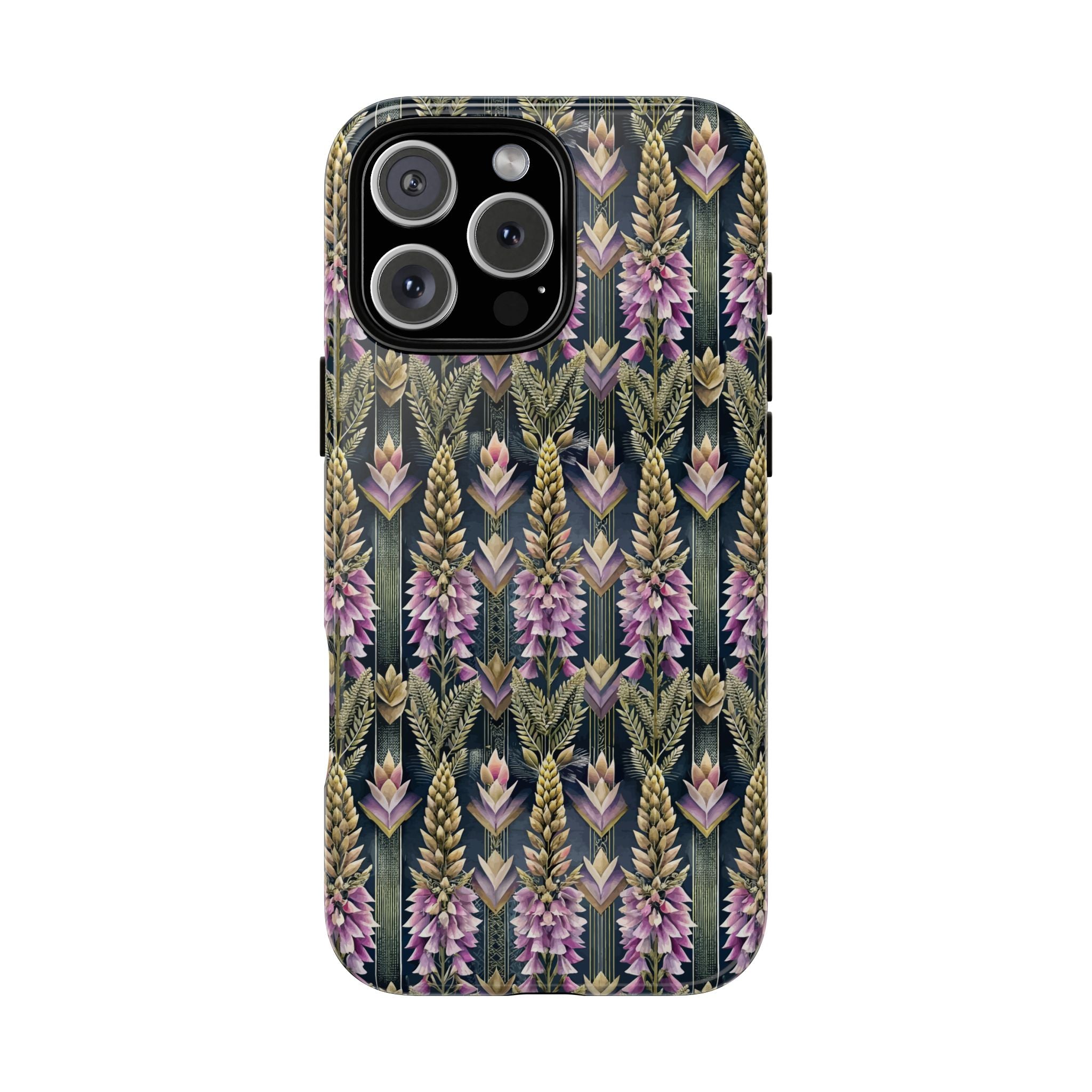 Art Deco Floral Chevron Tough Phone Case — Purple Lupine Pattern Mobile Protective Cover - iPhone, Google Pixel, Galaxy Models
