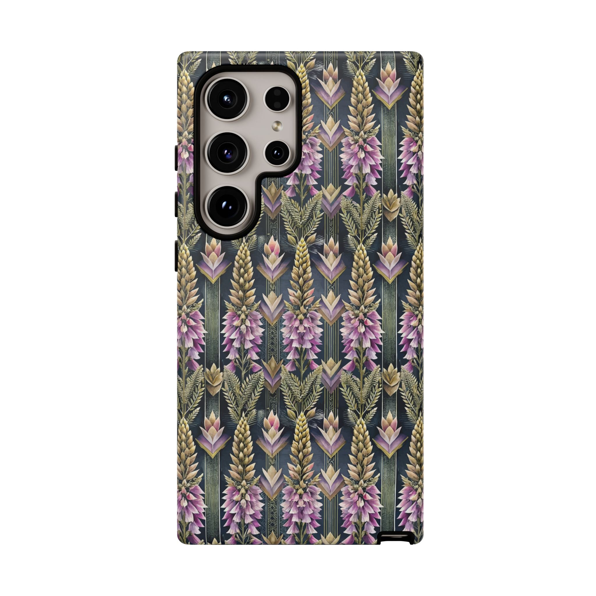 Art Deco Floral Chevron Tough Phone Case — Purple Lupine Pattern Mobile Protective Cover - iPhone, Google Pixel, Galaxy Models