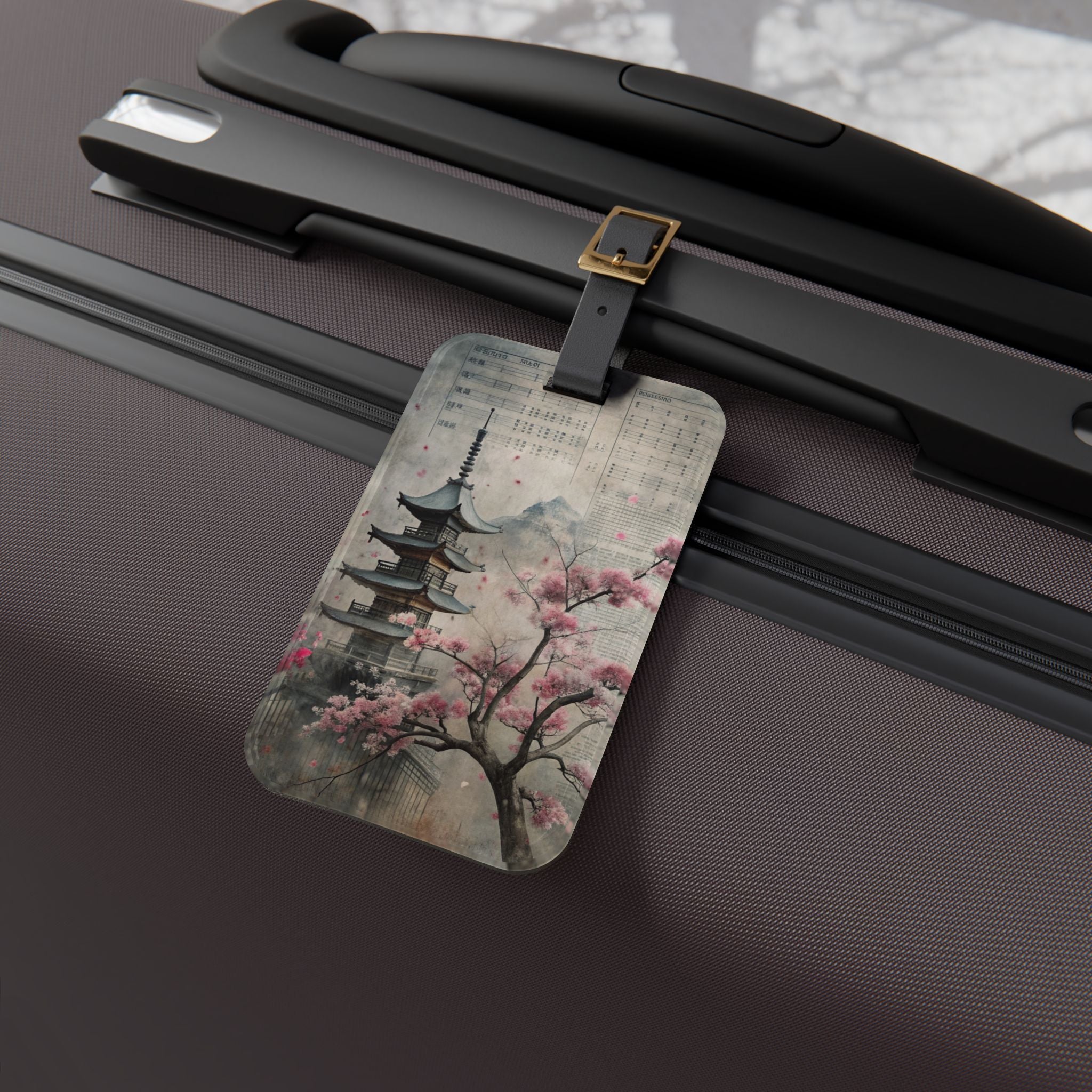 Acrylic Luggage Tag — Vintage Japanese Pagoda & Cherry Blossom Travel ID
