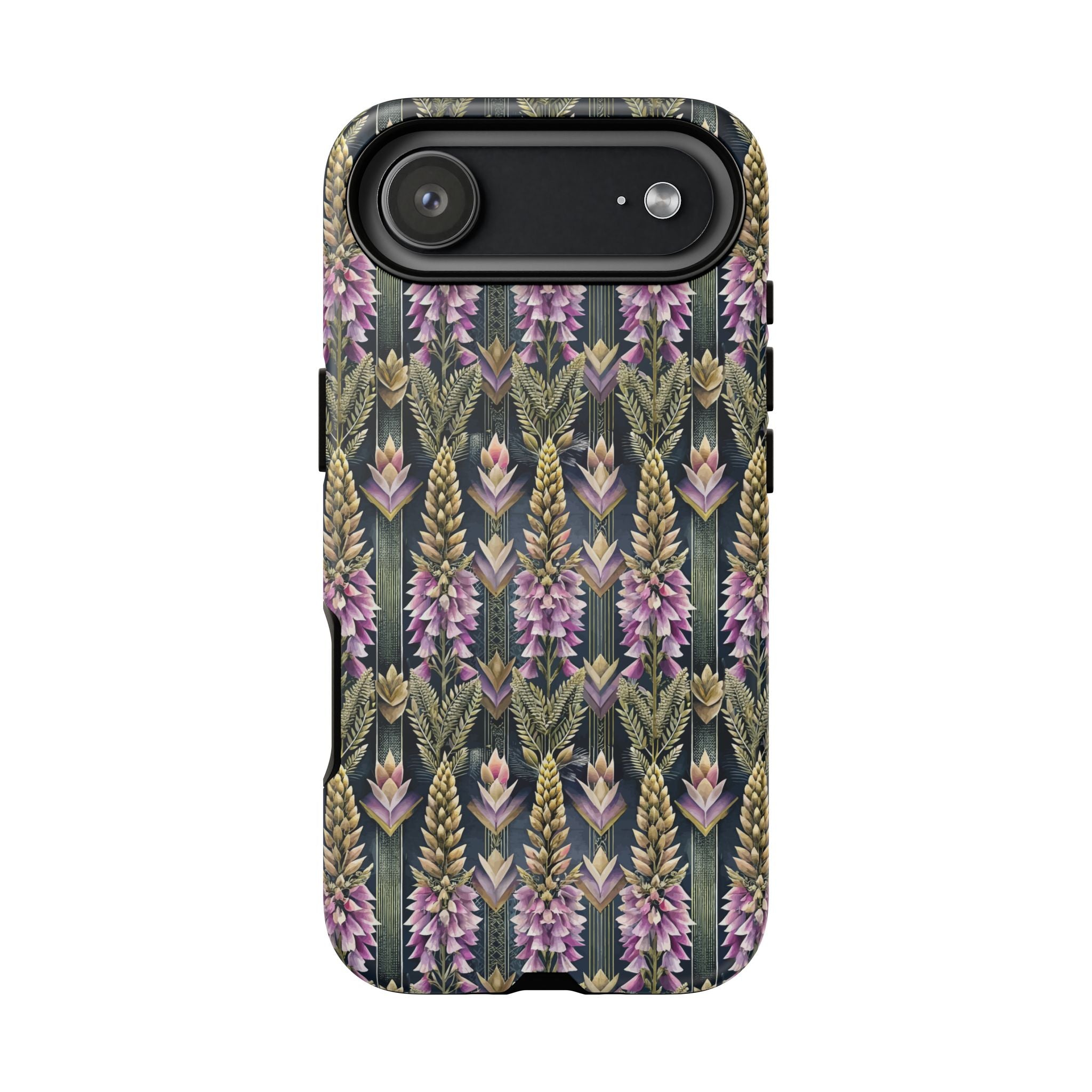Art Deco Floral Chevron Tough Phone Case — Purple Lupine Pattern Mobile Protective Cover - iPhone, Google Pixel, Galaxy Models
