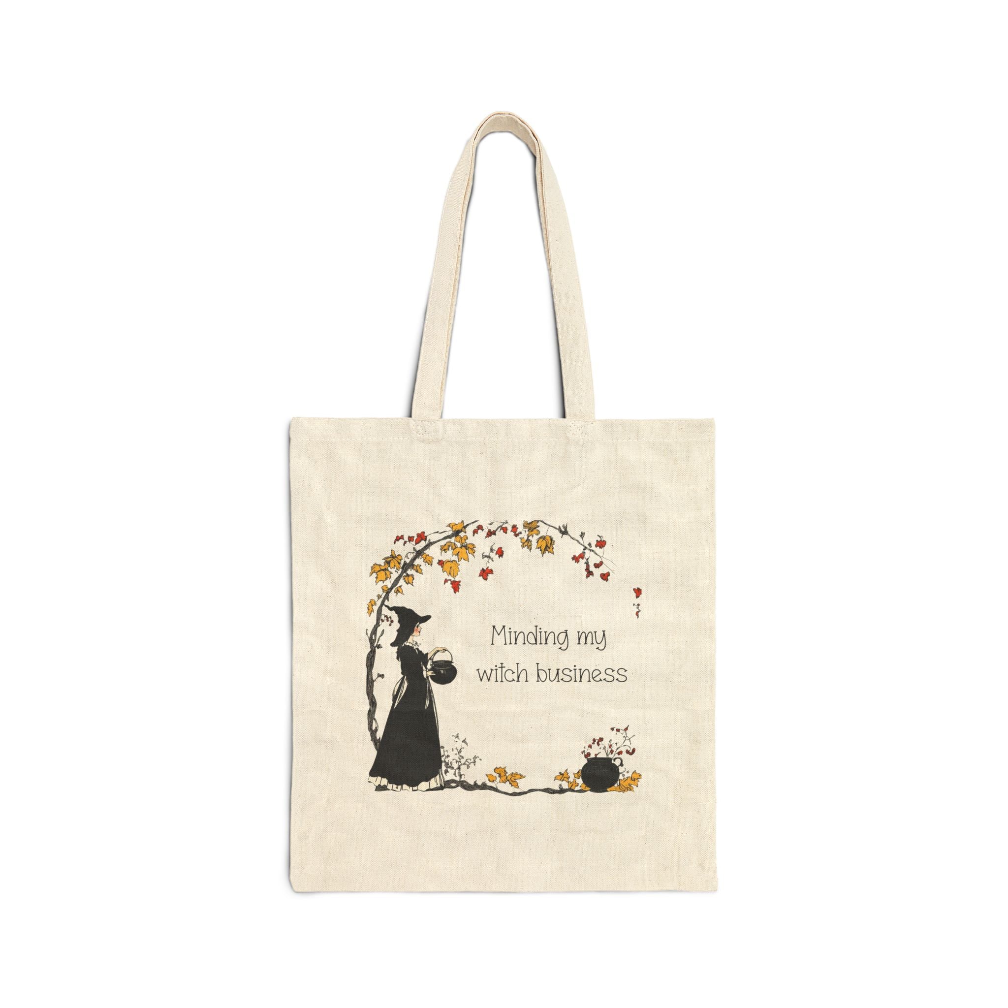 Cute Vintage Witch Cotton Canvas Tote Bag — 'Minding My Witch Business ' Autumn Witch Illustration - Halloween Tote