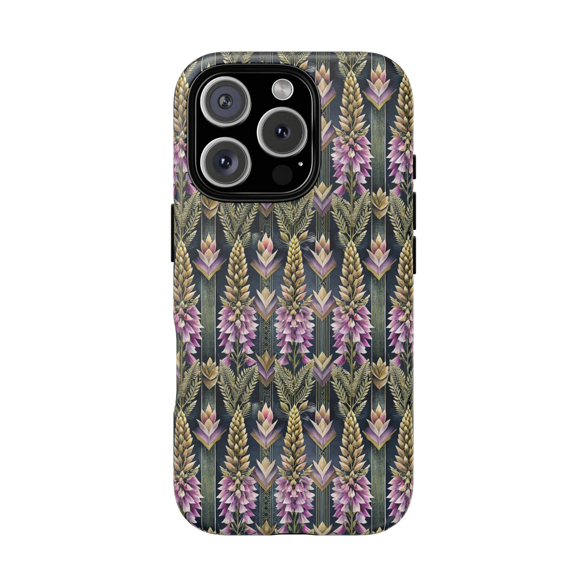 Art Deco Floral Chevron Tough Phone Case — Purple Lupine Pattern Mobile Protective Cover - iPhone, Google Pixel, Galaxy Models