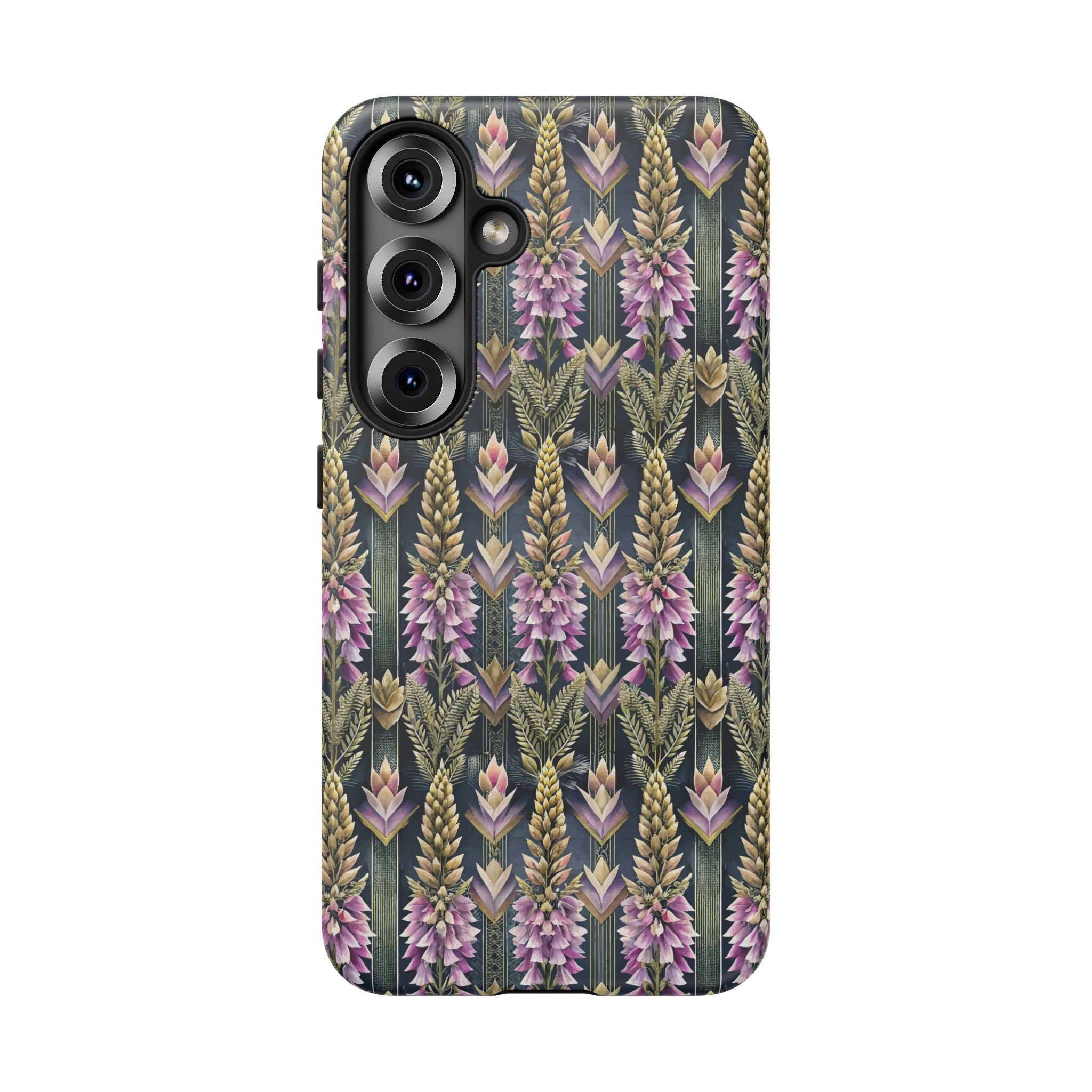 Art Deco Floral Chevron Tough Phone Case — Purple Lupine Pattern Mobile Protective Cover - iPhone, Google Pixel, Galaxy Models