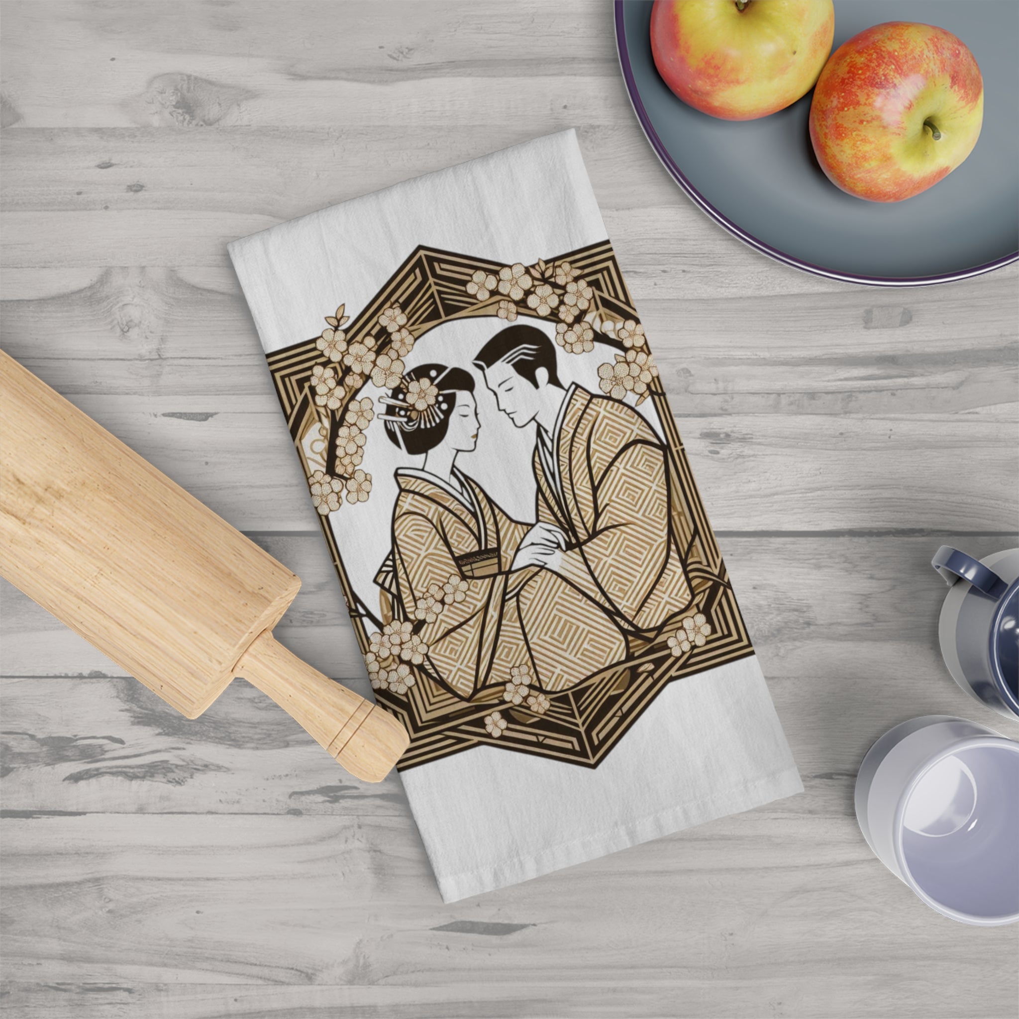 28 Inch Square Cotton Tea Towel — Vintage Japanese Couple Illustration Kitchen Towel
