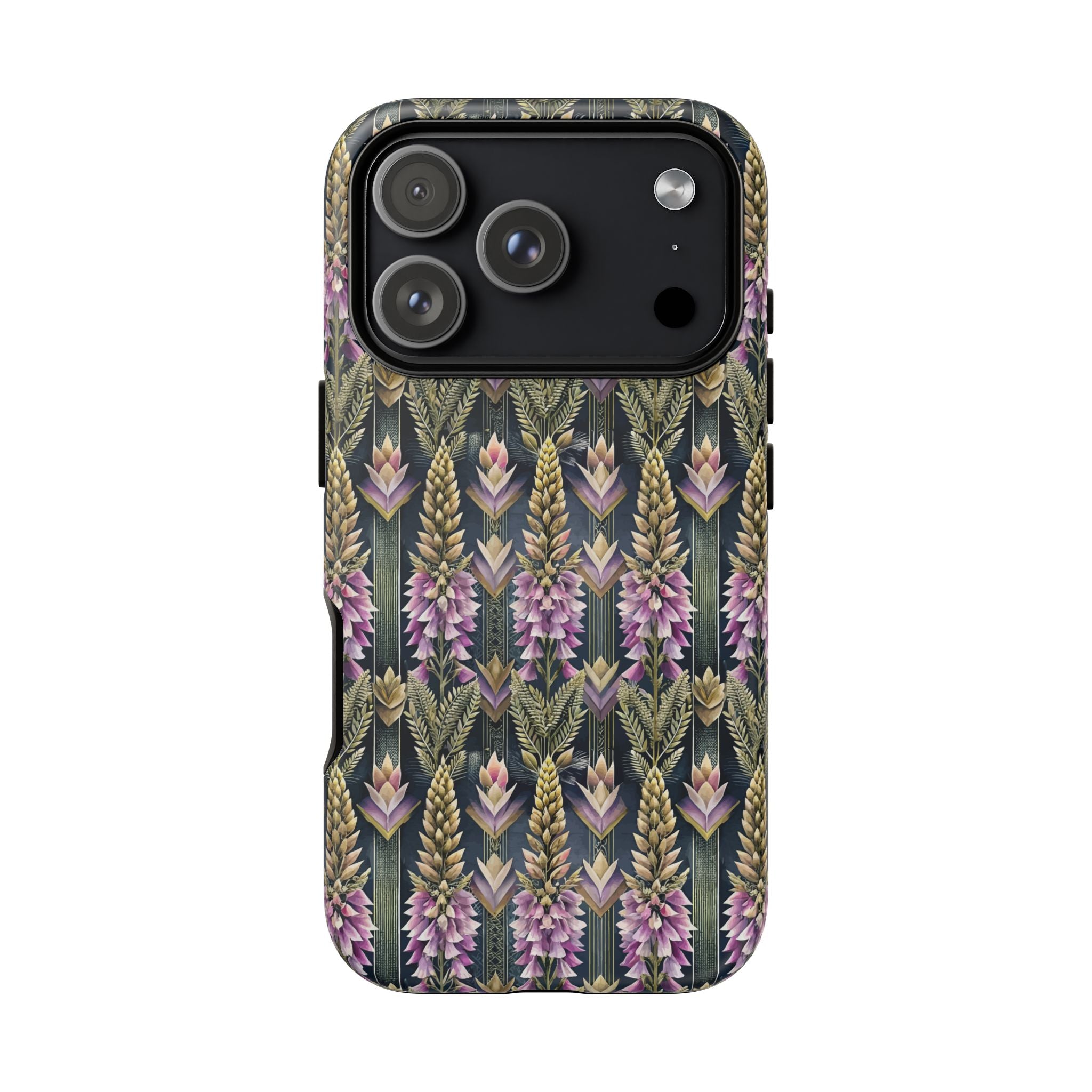 Art Deco Floral Chevron Tough Phone Case — Purple Lupine Pattern Mobile Protective Cover - iPhone, Google Pixel, Galaxy Models