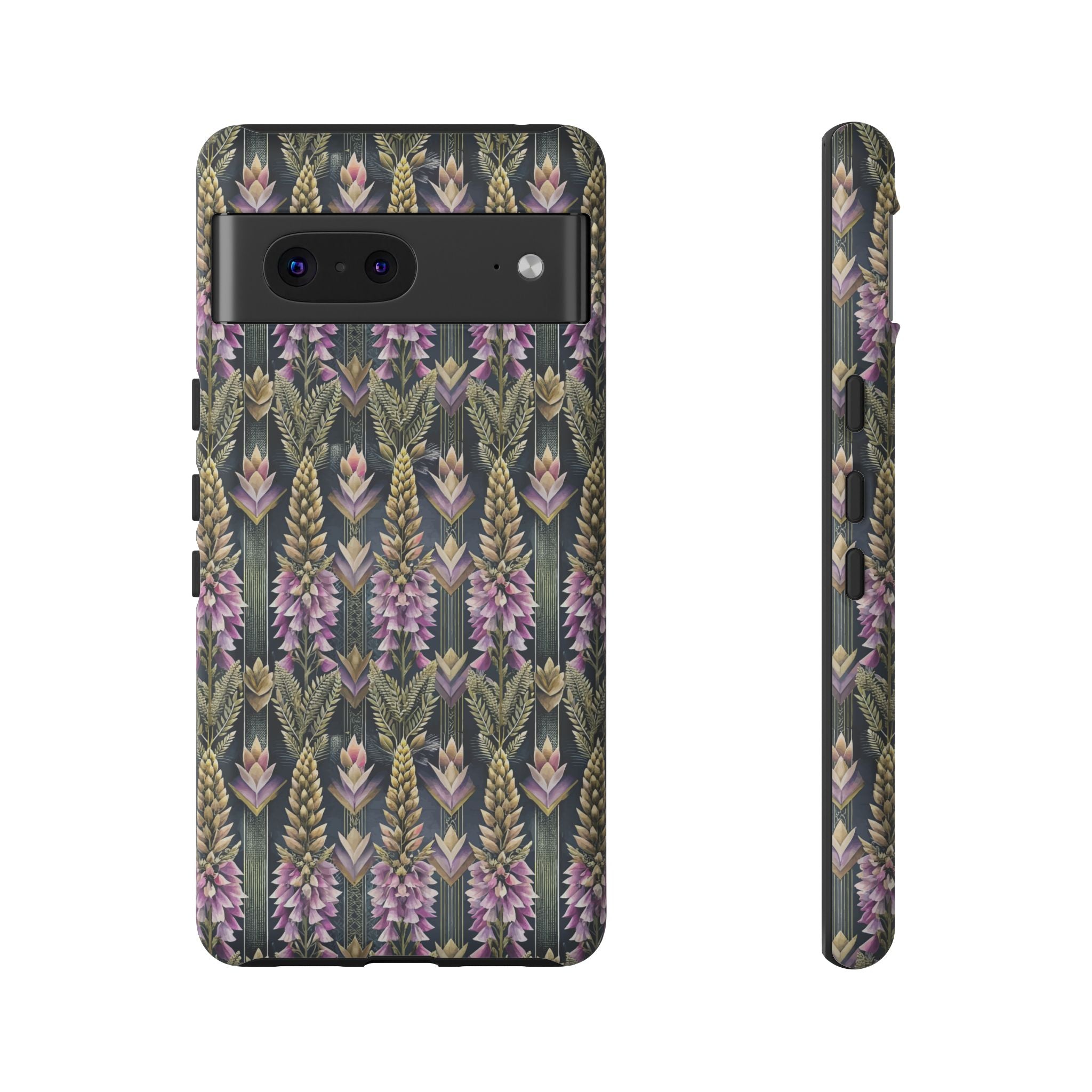 Art Deco Floral Chevron Tough Phone Case — Purple Lupine Pattern Mobile Protective Cover - iPhone, Google Pixel, Galaxy Models