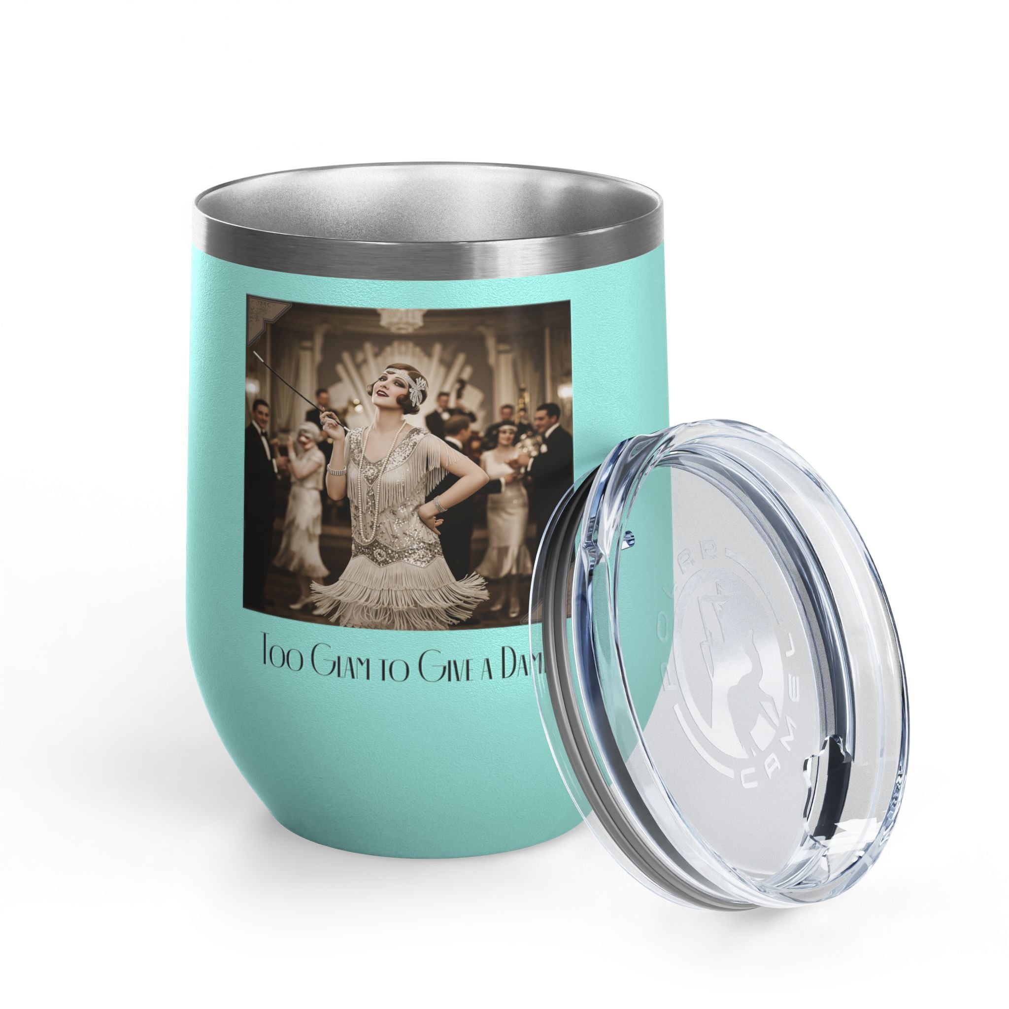 12oz Stainless Steel Wine Tumbler — Vintage Gatsby Party Design "Too Glam to Give a Damn"