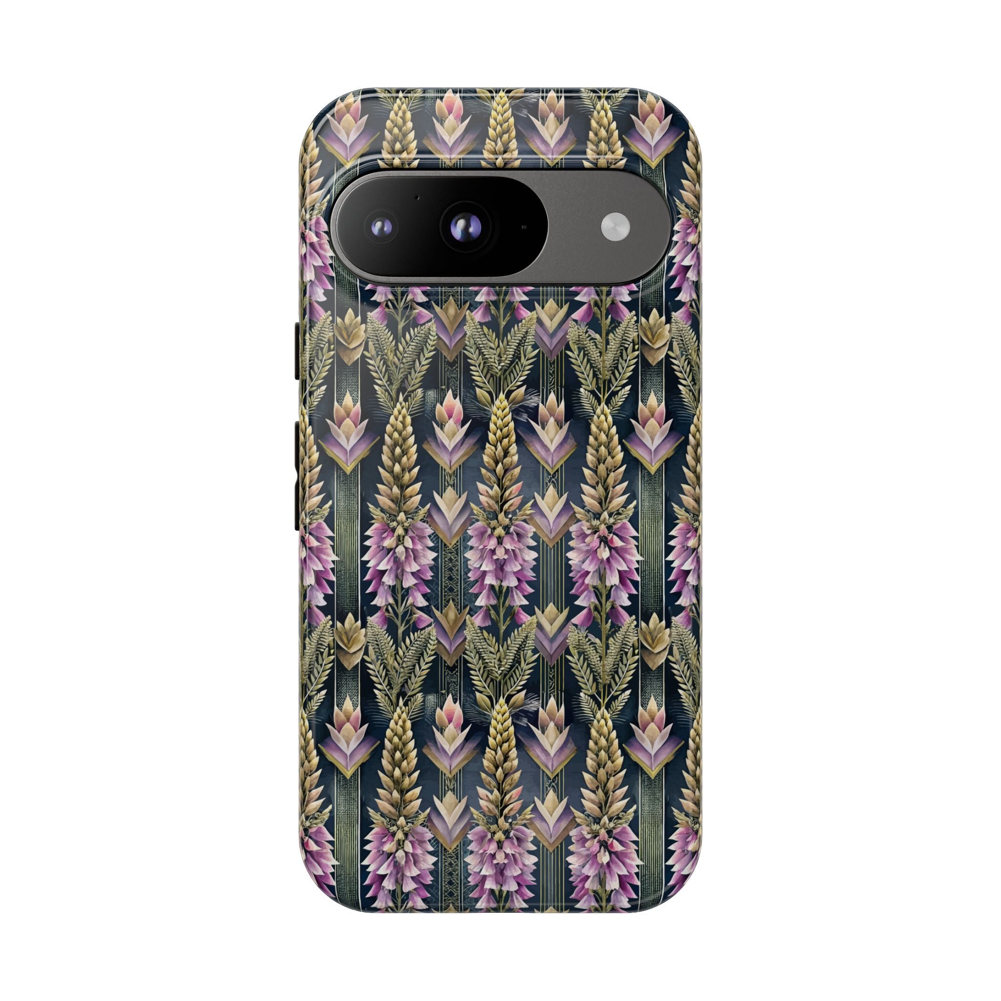 Art Deco Floral Chevron Tough Phone Case — Purple Lupine Pattern Mobile Protective Cover - iPhone, Google Pixel, Galaxy Models